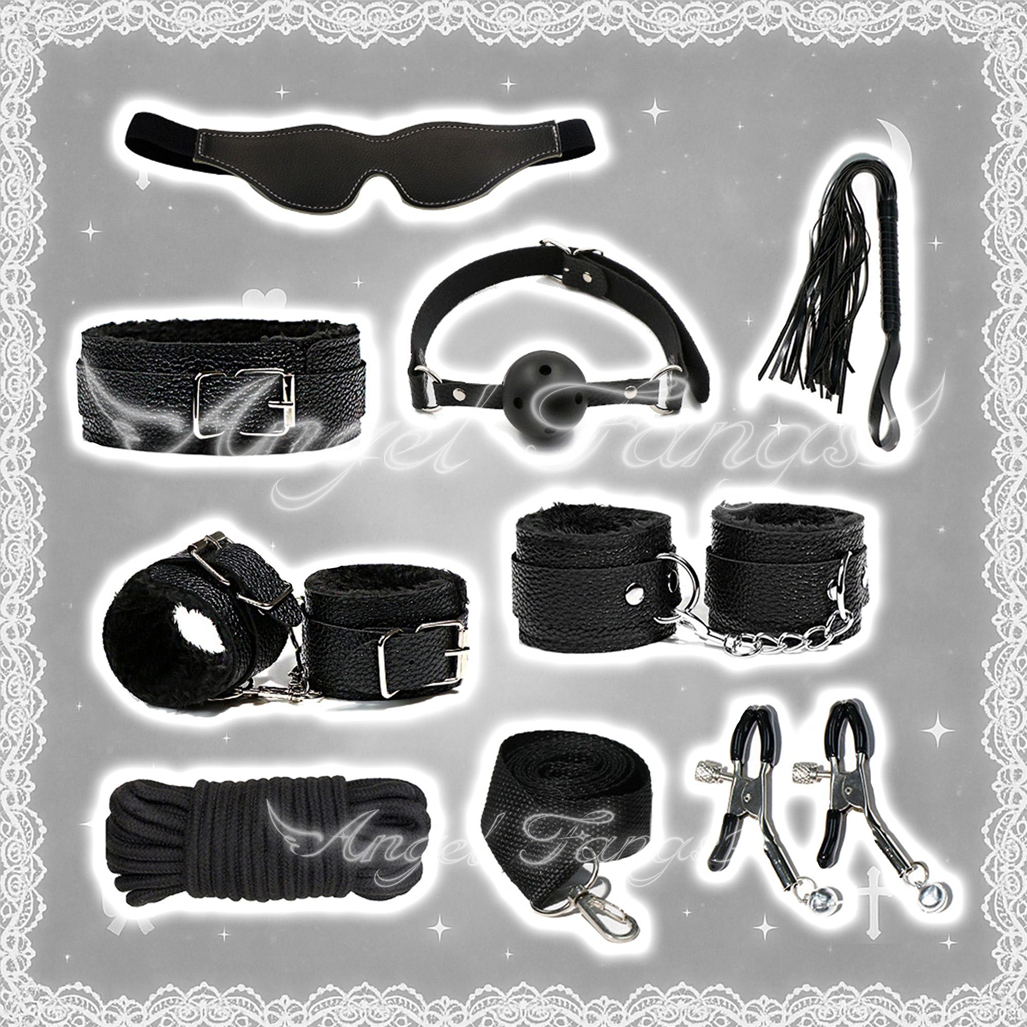 Velvet & Leather BDSM Bondage Kit 10-Piece set Blindfold-Whip-Choker-Handcuffs-Ankle cuffs-Bondage rope-Ball gag-Connector clips