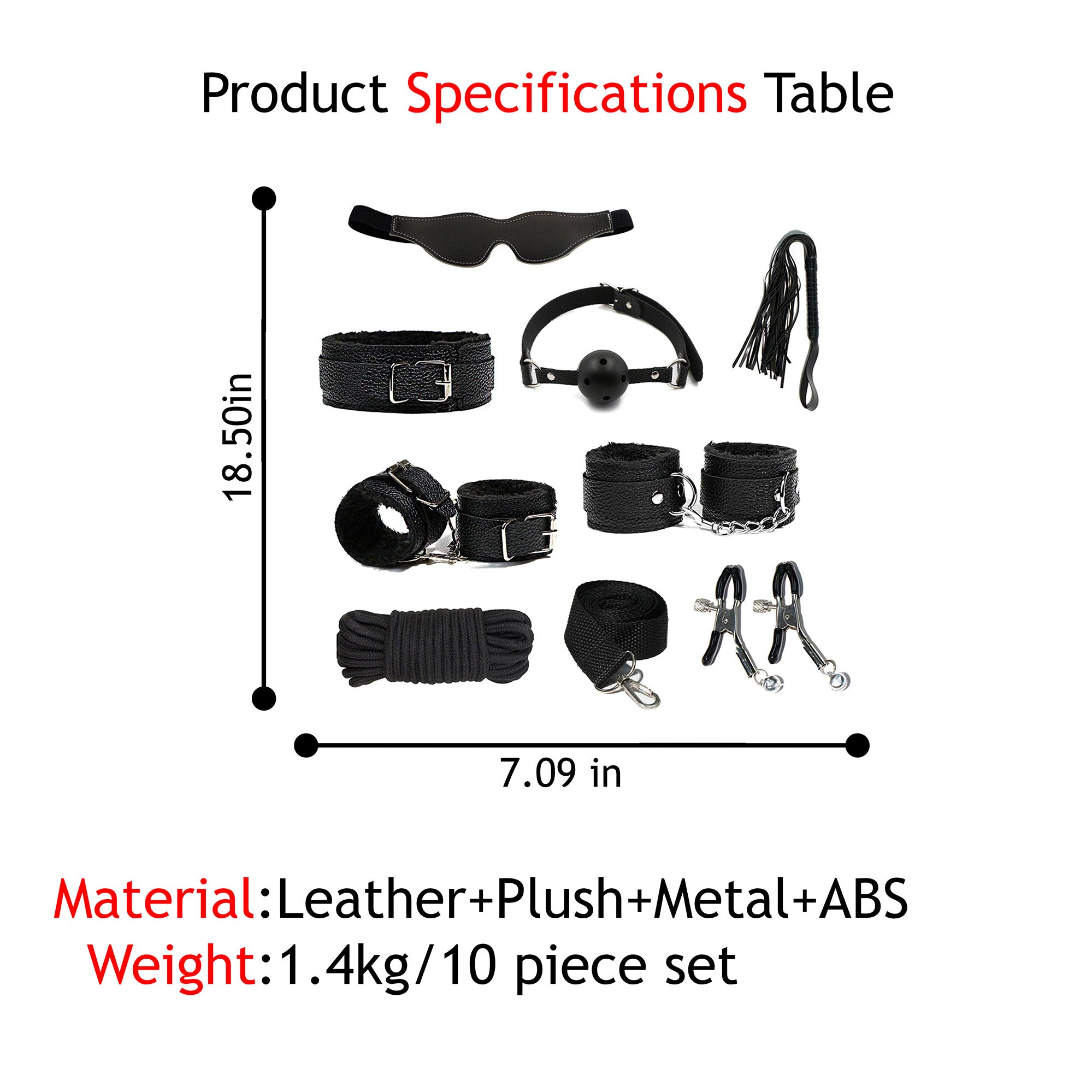Velvet & Leather BDSM Bondage Kit 10-Piece set Blindfold-Whip-Choker-Handcuffs-Ankle cuffs-Bondage rope-Ball gag-Connector clips