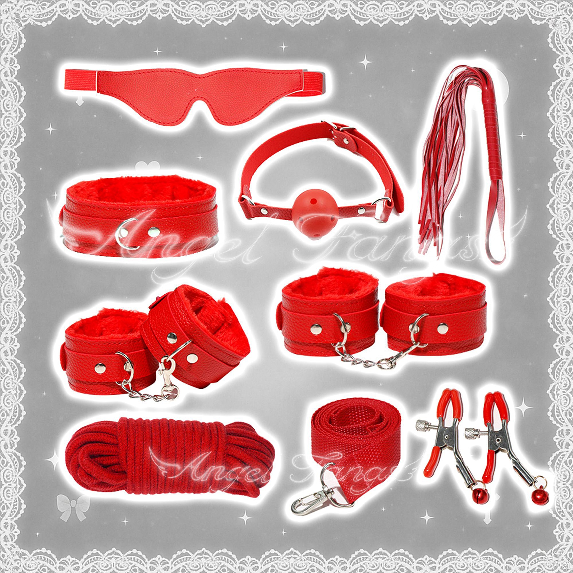 Velvet & Leather BDSM Bondage Kit 10-Piece set Blindfold-Whip-Choker-Handcuffs-Ankle cuffs-Bondage rope-Ball gag-Connector clips