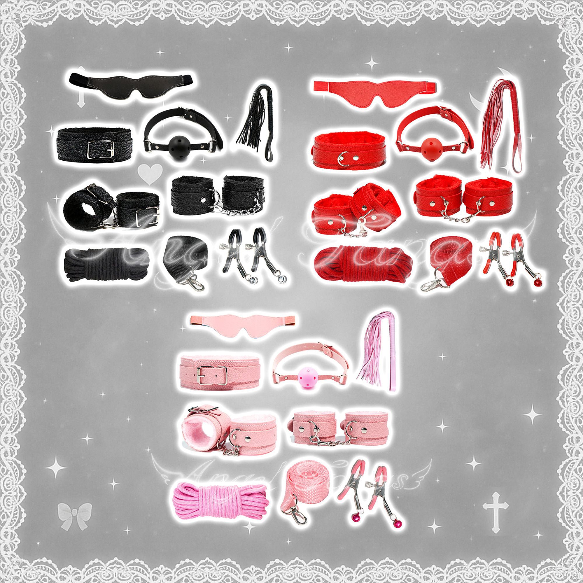 Velvet & Leather BDSM Bondage Kit 10-Piece set Blindfold-Whip-Choker-Handcuffs-Ankle cuffs-Bondage rope-Ball gag-Connector clips