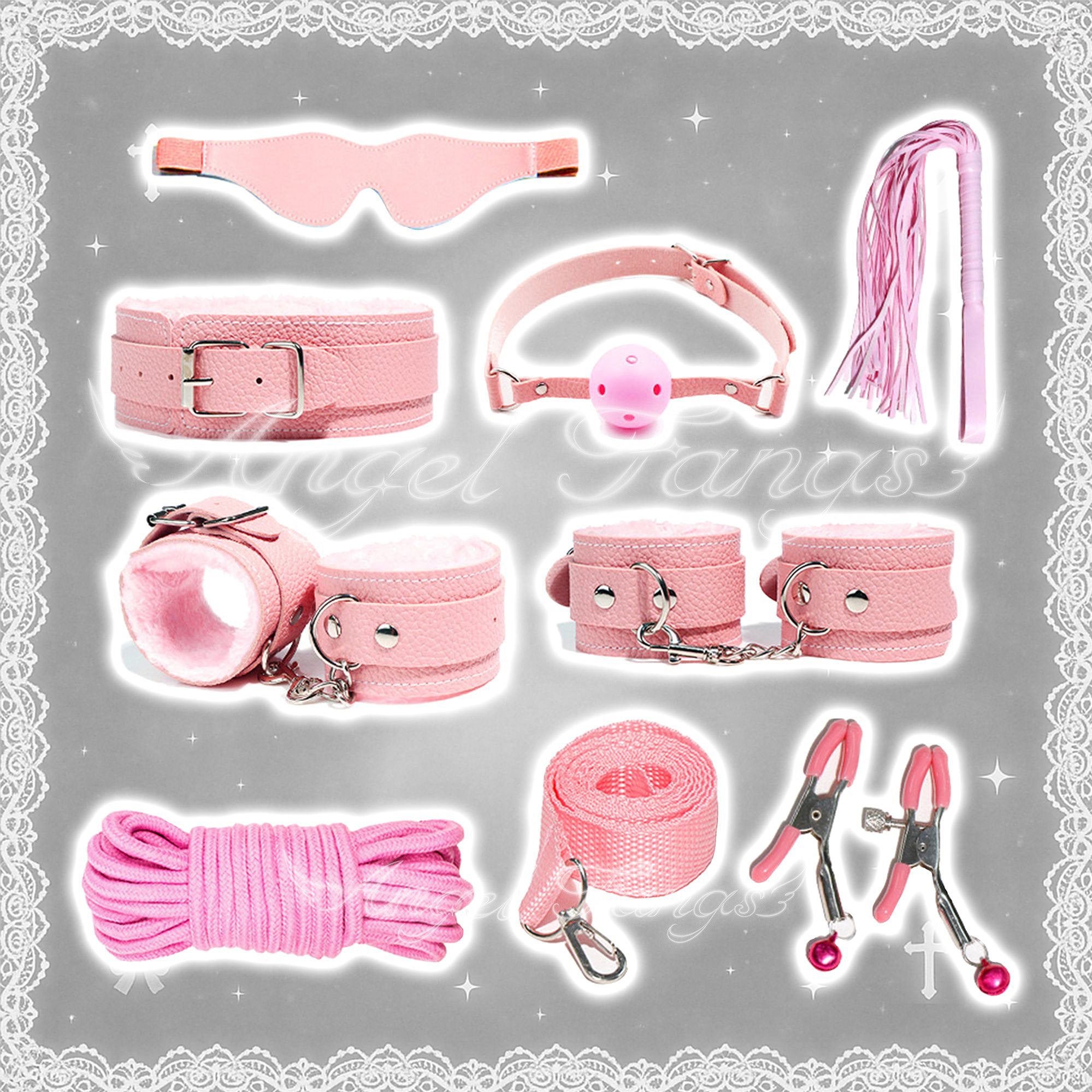 Velvet & Leather BDSM Bondage Kit 10-Piece set Blindfold-Whip-Choker-Handcuffs-Ankle cuffs-Bondage rope-Ball gag-Connector clips