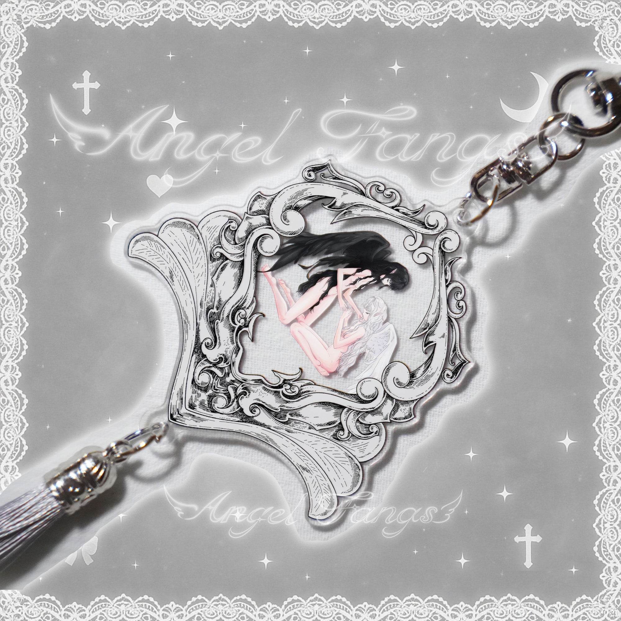 Angel & Demon Encounter Acrylic Pendant with Gothic Frame & Tassel