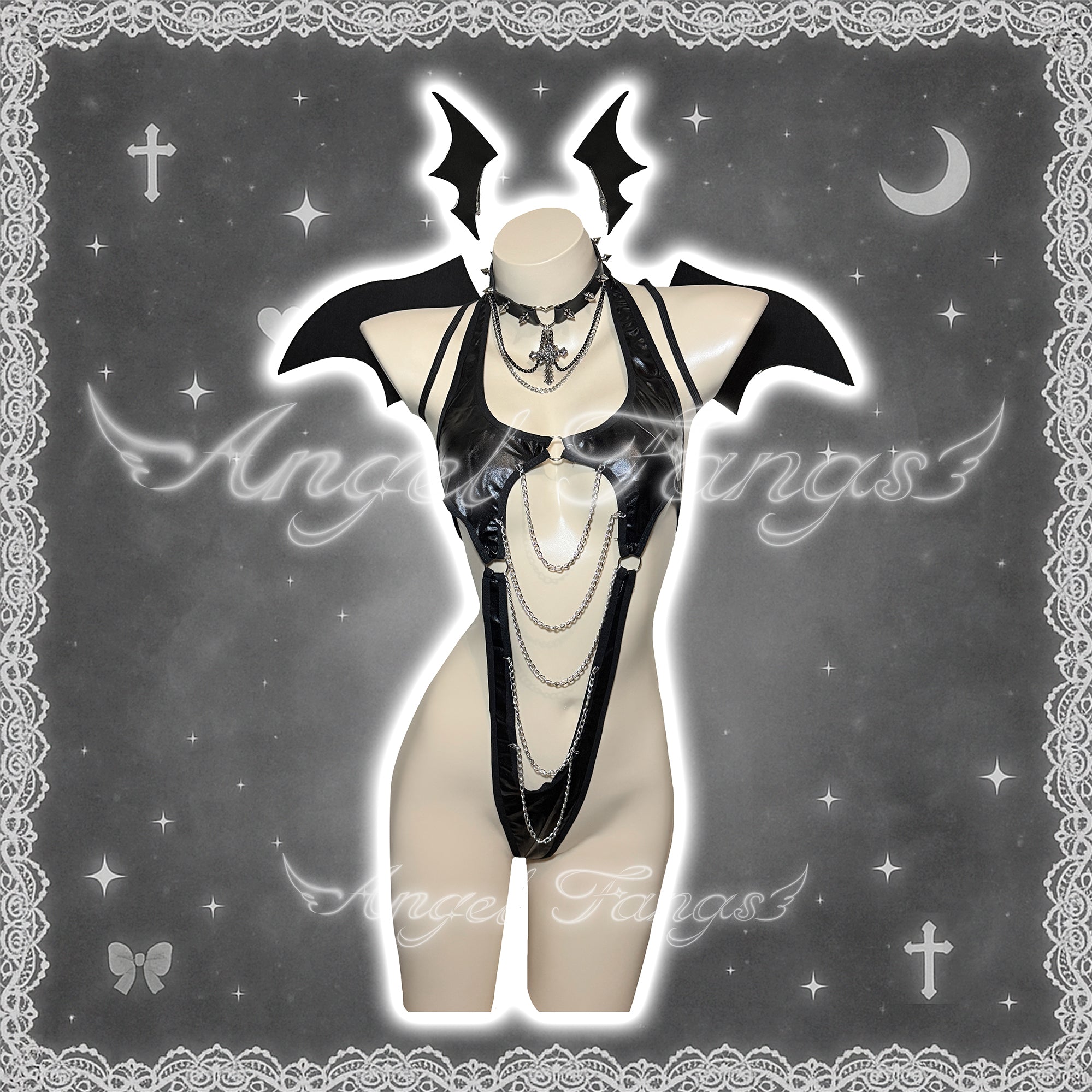 Dark Temptation Succubus Cute Demon Set – High-Cut Leather One-Piece with Chains, Succubus Ears, Rose Cross Choker & Bat Wings