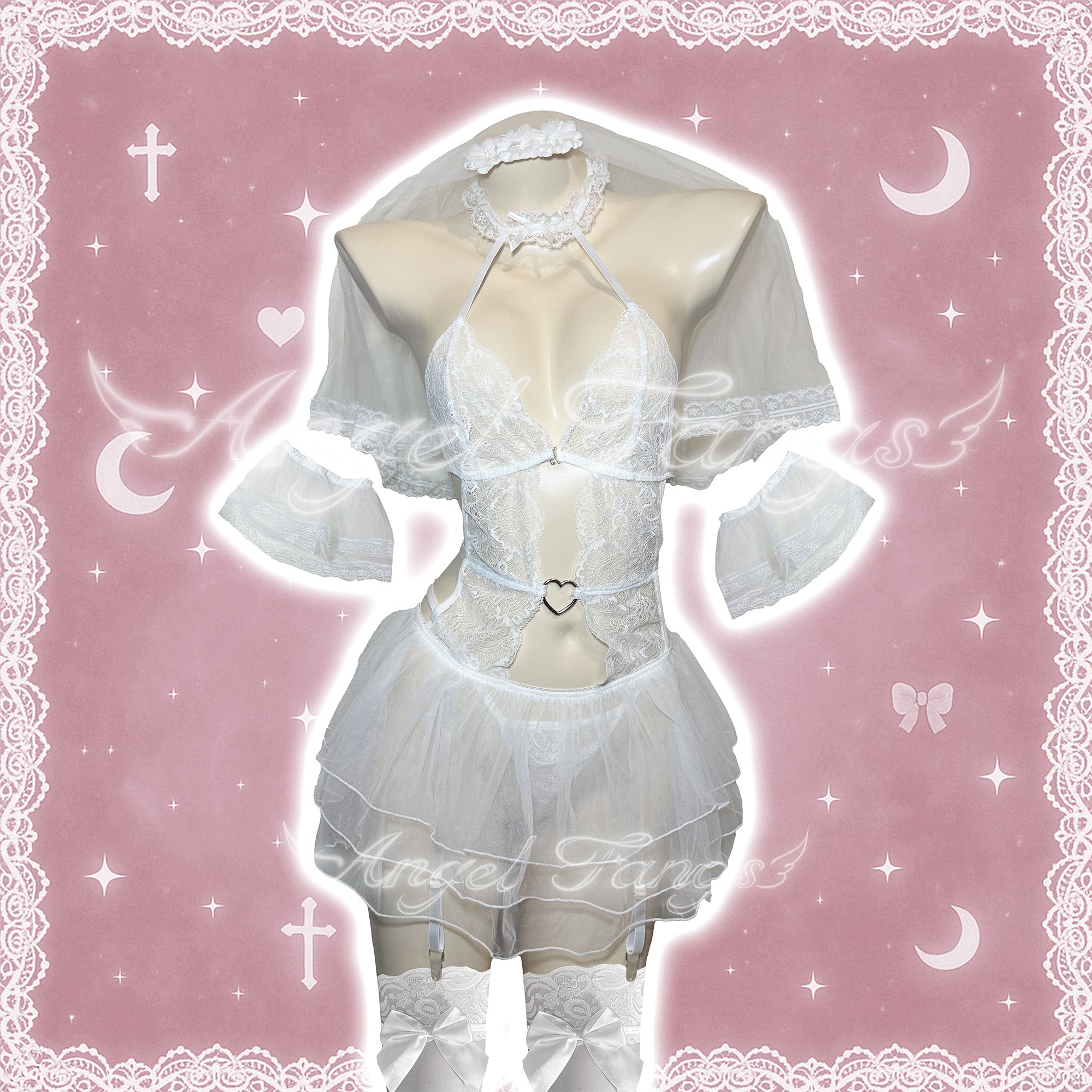 Pure Bride Wedding Lingerie Set– Sheer Lace Lingerie with Cutout, Veil, Lace Arm Bands & Bow Stockings
