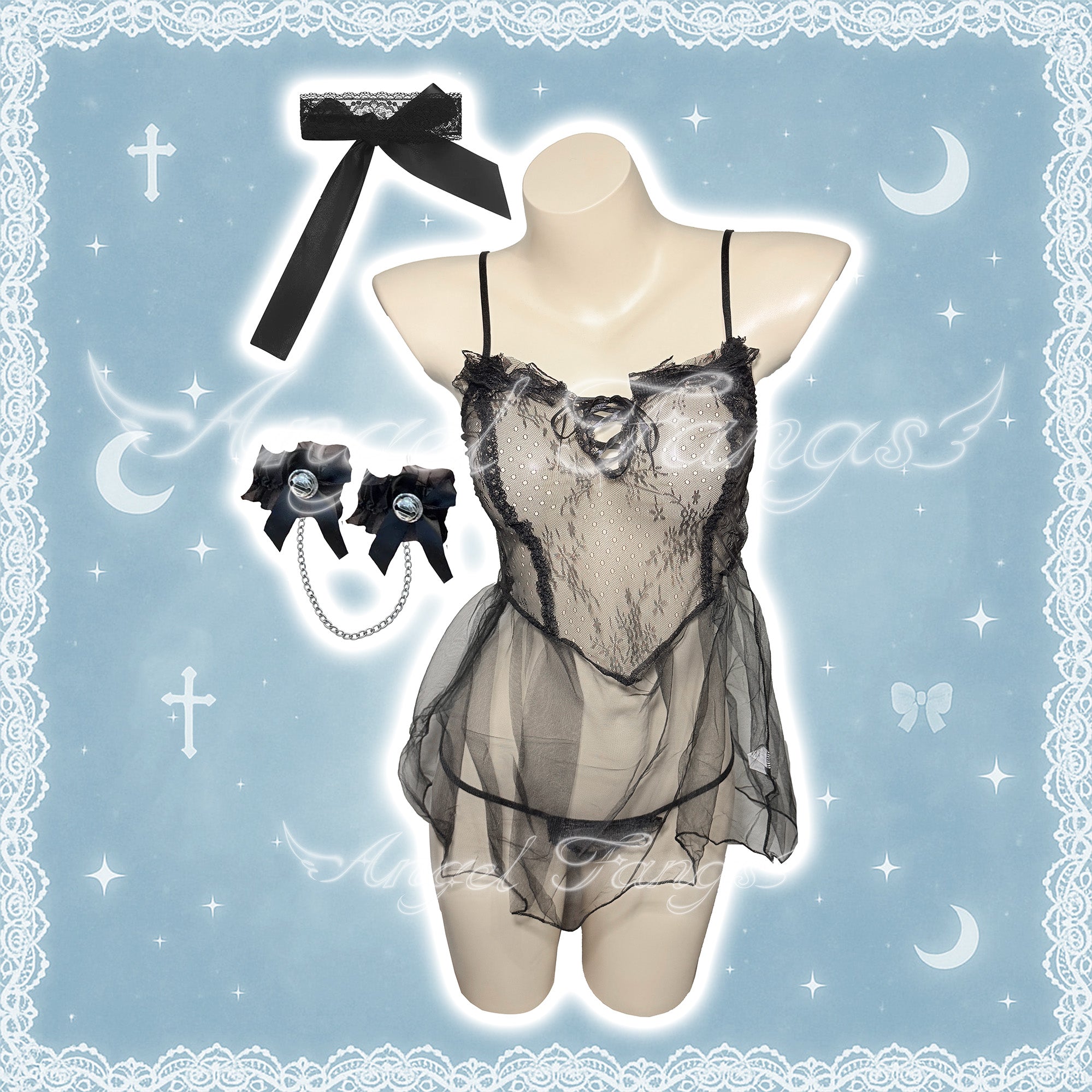 Innocent Temptation Sheer Dress Set – Black & White Sheer Lace Slip Nightie with Straps, Bell Cuffs & Lace Eye Mask