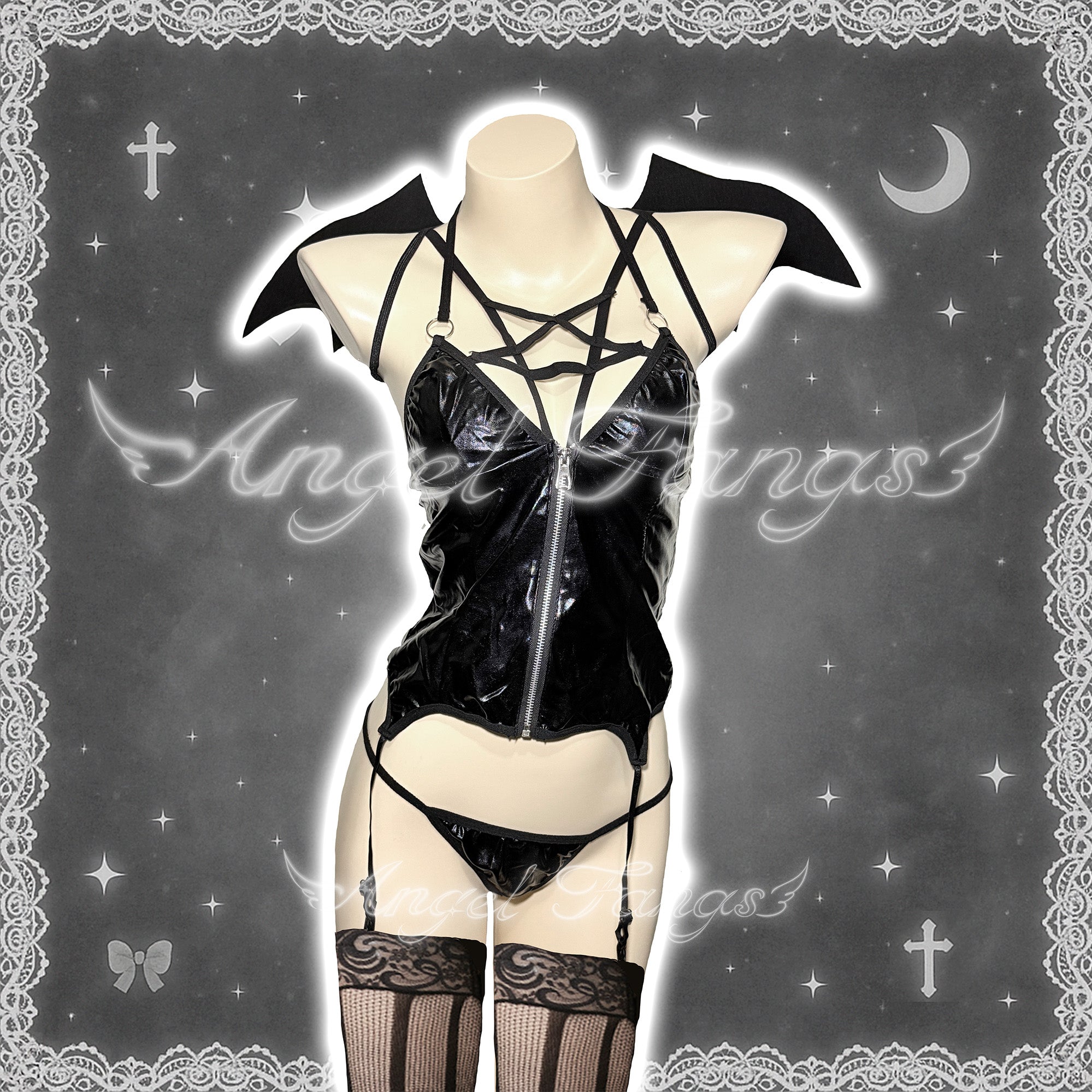 Demonic Dark Succubus Pentagram Desire Set– Leather Zipper Top with Pentagram Chest Strap, Garter Thong & Demon Wings