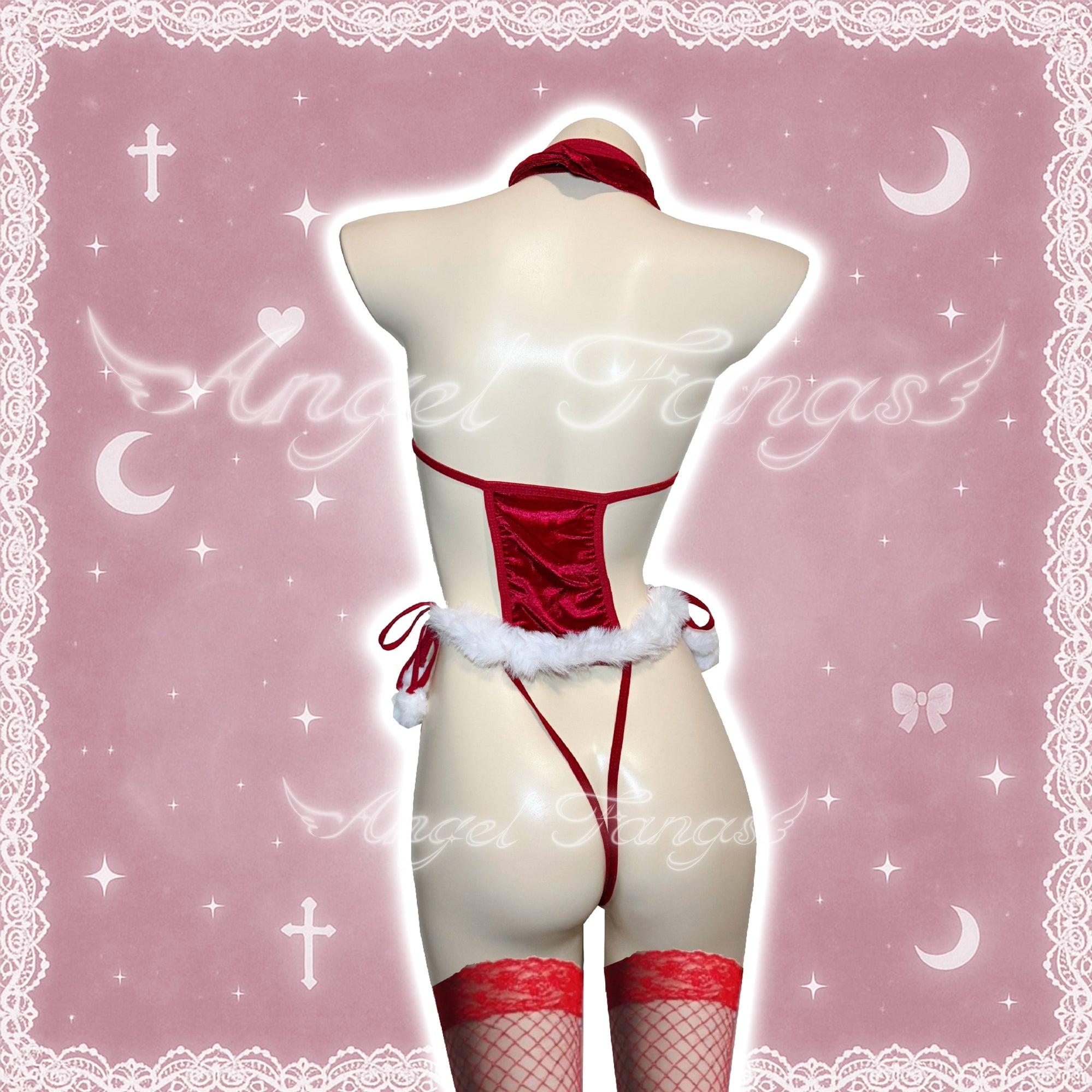 Christmas Santa Babe bikini – Red Furry One-Piece with White Trim, Lace Stockings & Reindeer Ears
