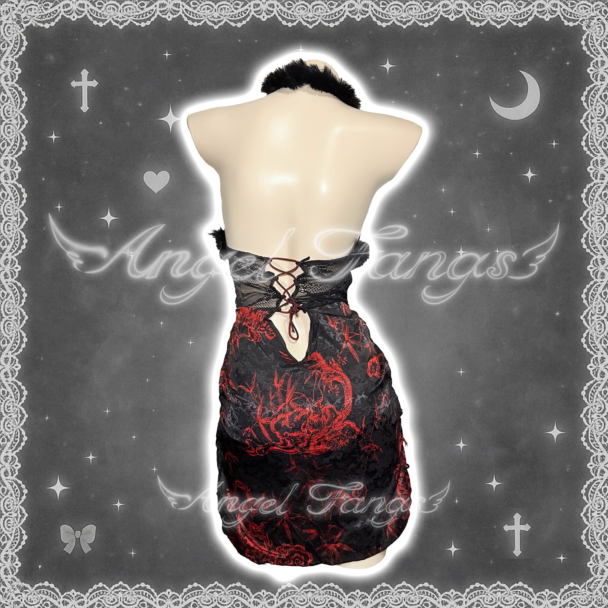 Oriental Dragon Lotus Enchantress – Halter Slit Dress with Fur Trim, Red Spider Lily Clip & Bonus Tattoo Sticker