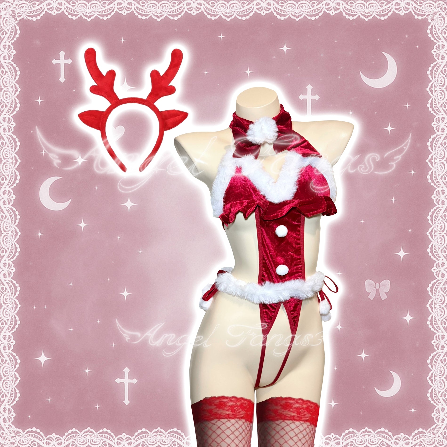 Christmas Santa Babe bikini – Red Furry One-Piece with White Trim, Lace Stockings & Reindeer Ears
