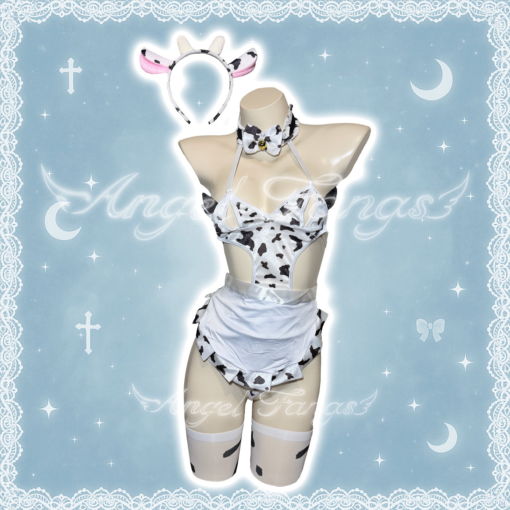 Cow girl Cutie Set– White Halter Cutout Cow Print Outfit with Apron, Bell & Thigh-Highs