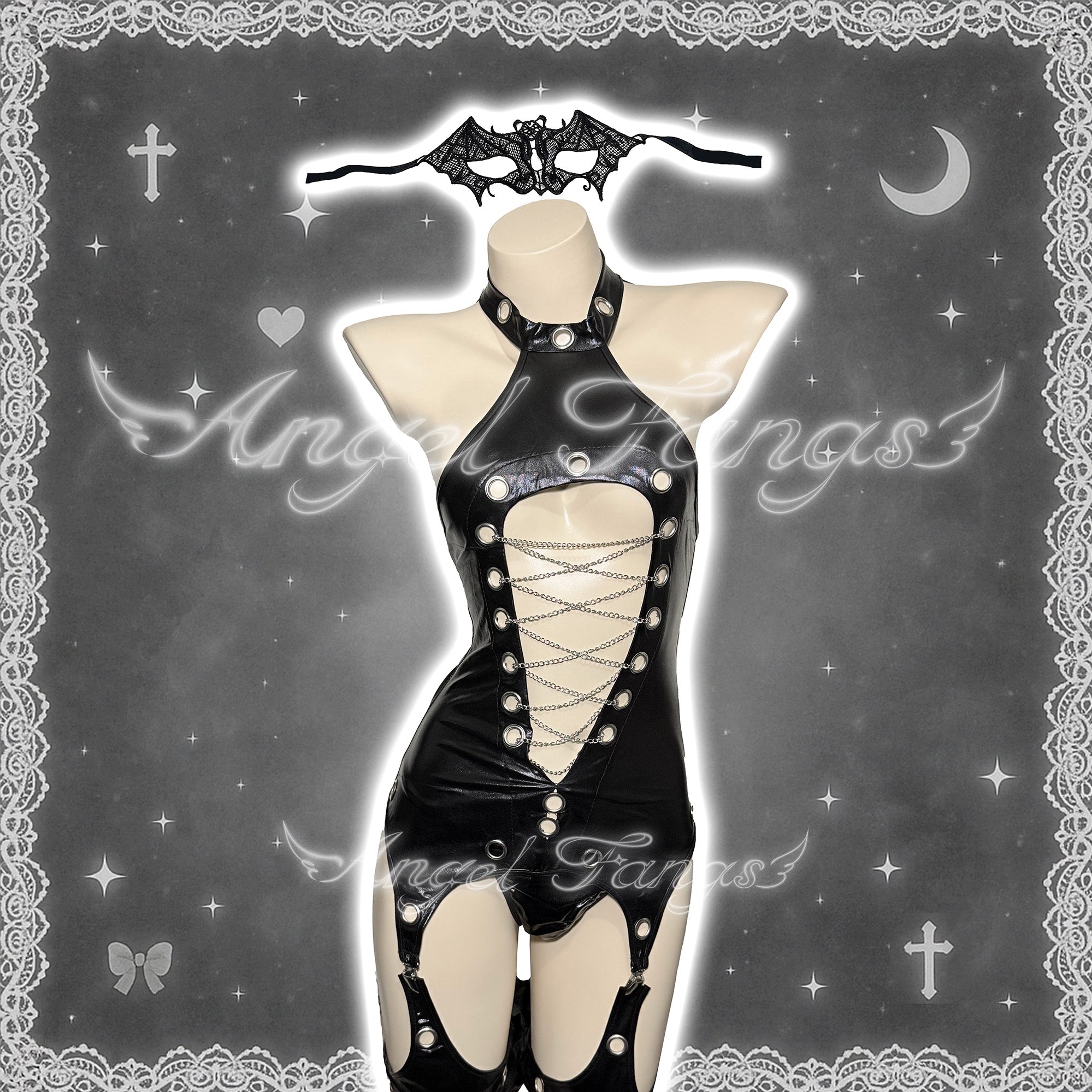Dominant Queen Leather Seductress Set – Black Leather Halter Bodysuit with Chains, Thigh-Highs & Bat Lace Eye
