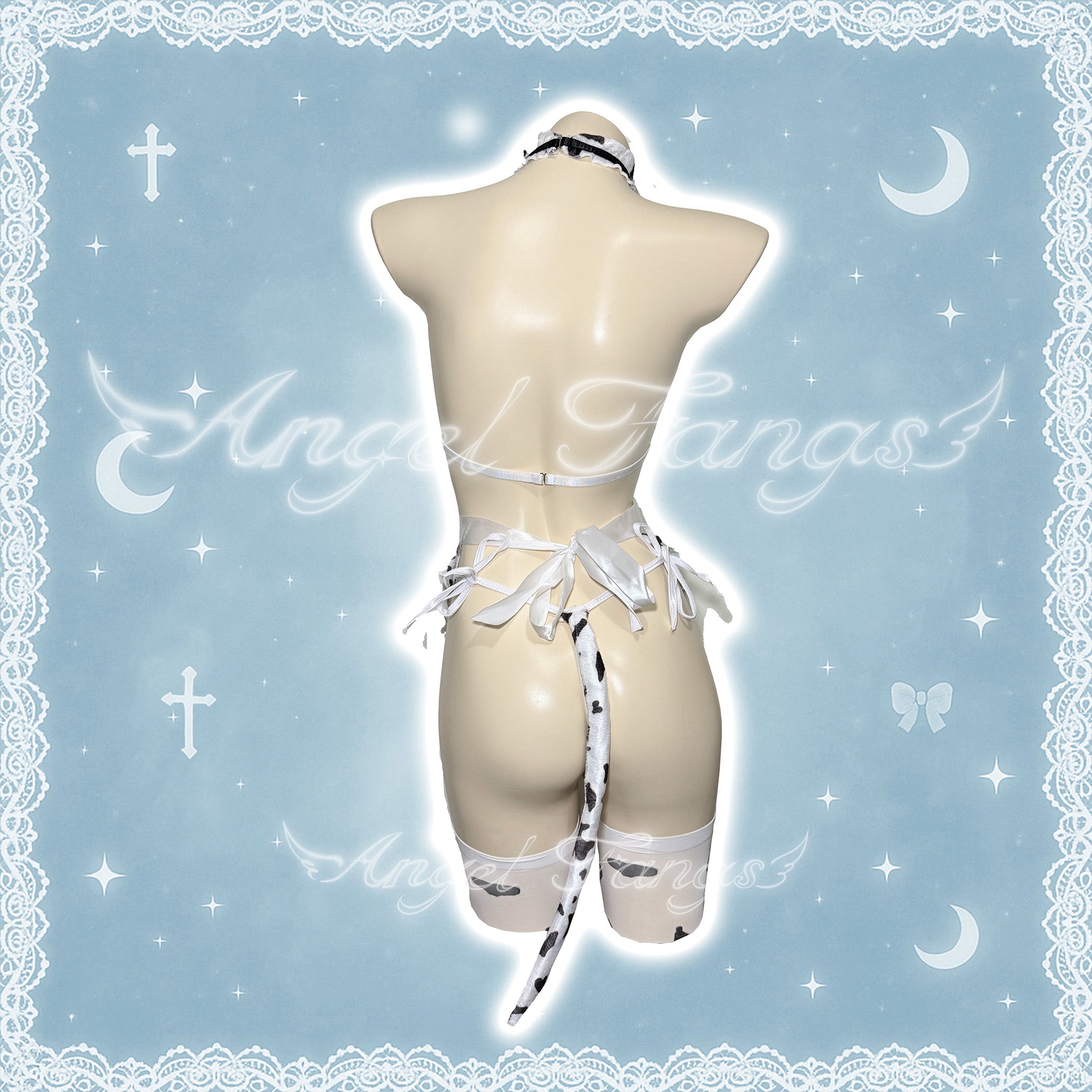 Cow girl Cutie Set– White Halter Cutout Cow Print Outfit with Apron, Bell & Thigh-Highs