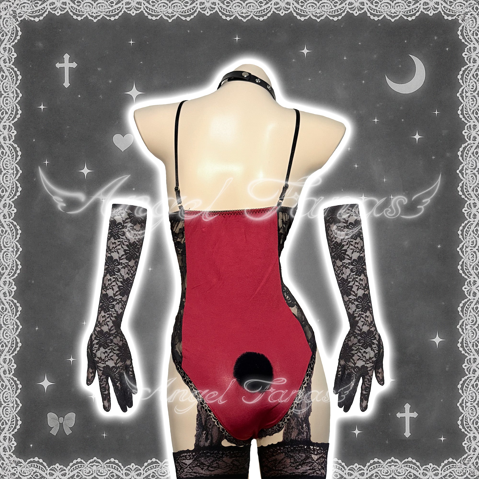Crimson Bunny Lace-Up Devil Set – Cross Tie Front, Plush Black Tail, Cross Choker, Mesh Gloves & Lace Gartered Thigh-Highs