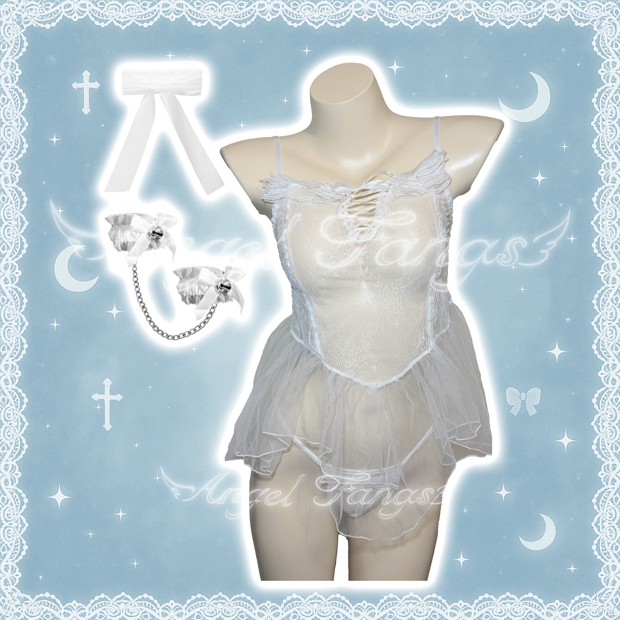 Innocent Temptation Sheer Dress Set – Black & White Sheer Lace Slip Nightie with Straps, Bell Cuffs & Lace Eye Mask