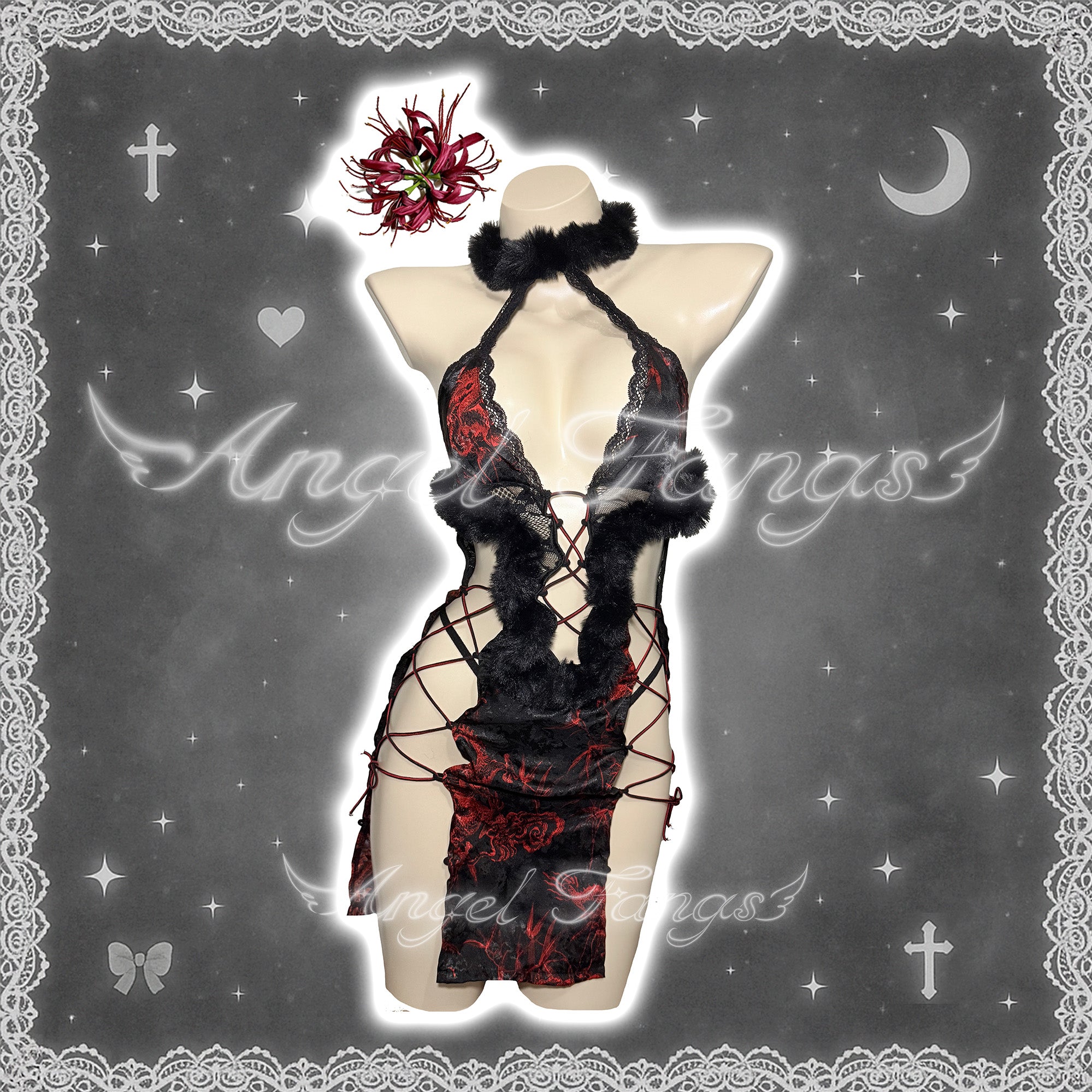 Oriental Dragon Lotus Enchantress – Halter Slit Dress with Fur Trim, Red Spider Lily Clip & Bonus Tattoo Sticker