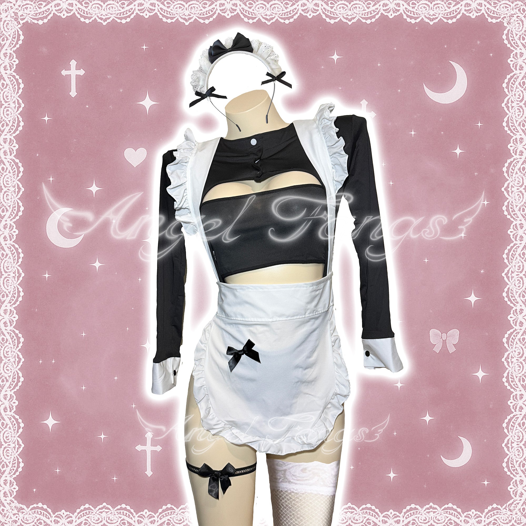 Seductive Maid Bodysuit Set with White Fishnet Stockings, Bow Leg Garters & Lace Headband