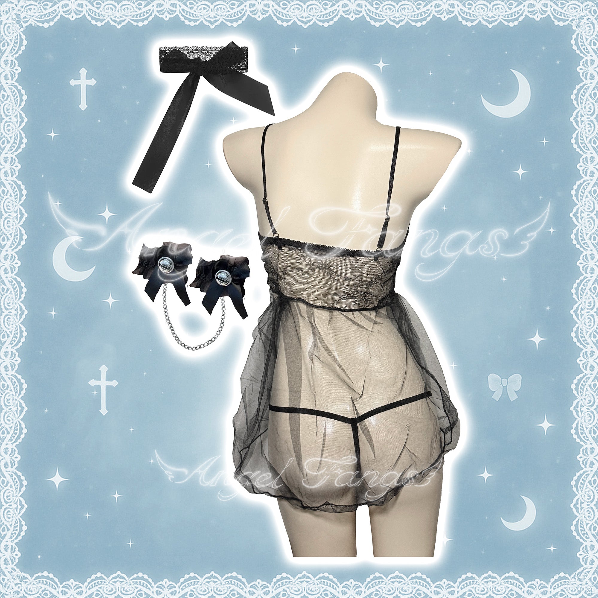 Innocent Temptation Sheer Dress Set – Black & White Sheer Lace Slip Nightie with Straps, Bell Cuffs & Lace Eye Mask