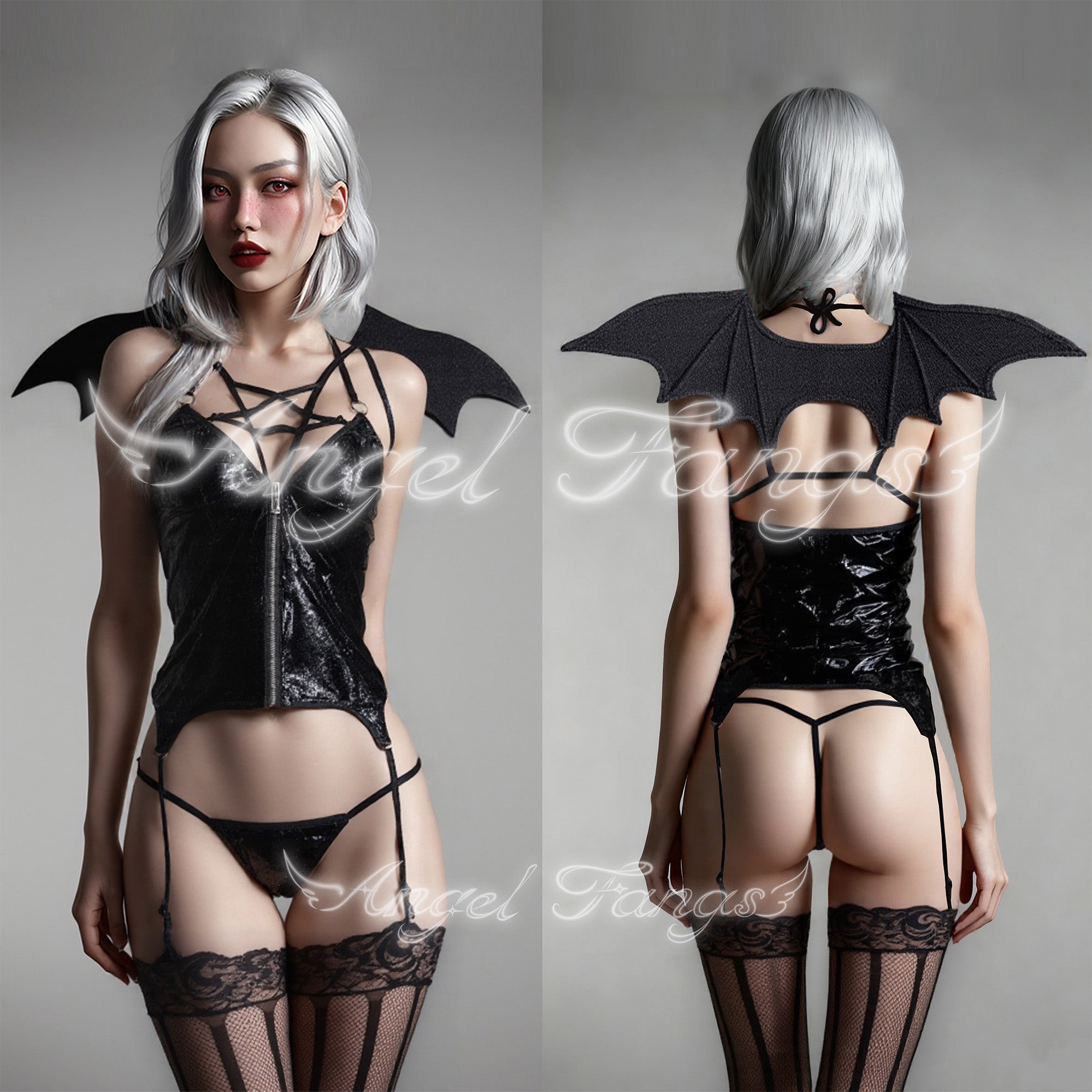 Demonic Dark Succubus Pentagram Desire Set– Leather Zipper Top with Pentagram Chest Strap, Garter Thong & Demon Wings