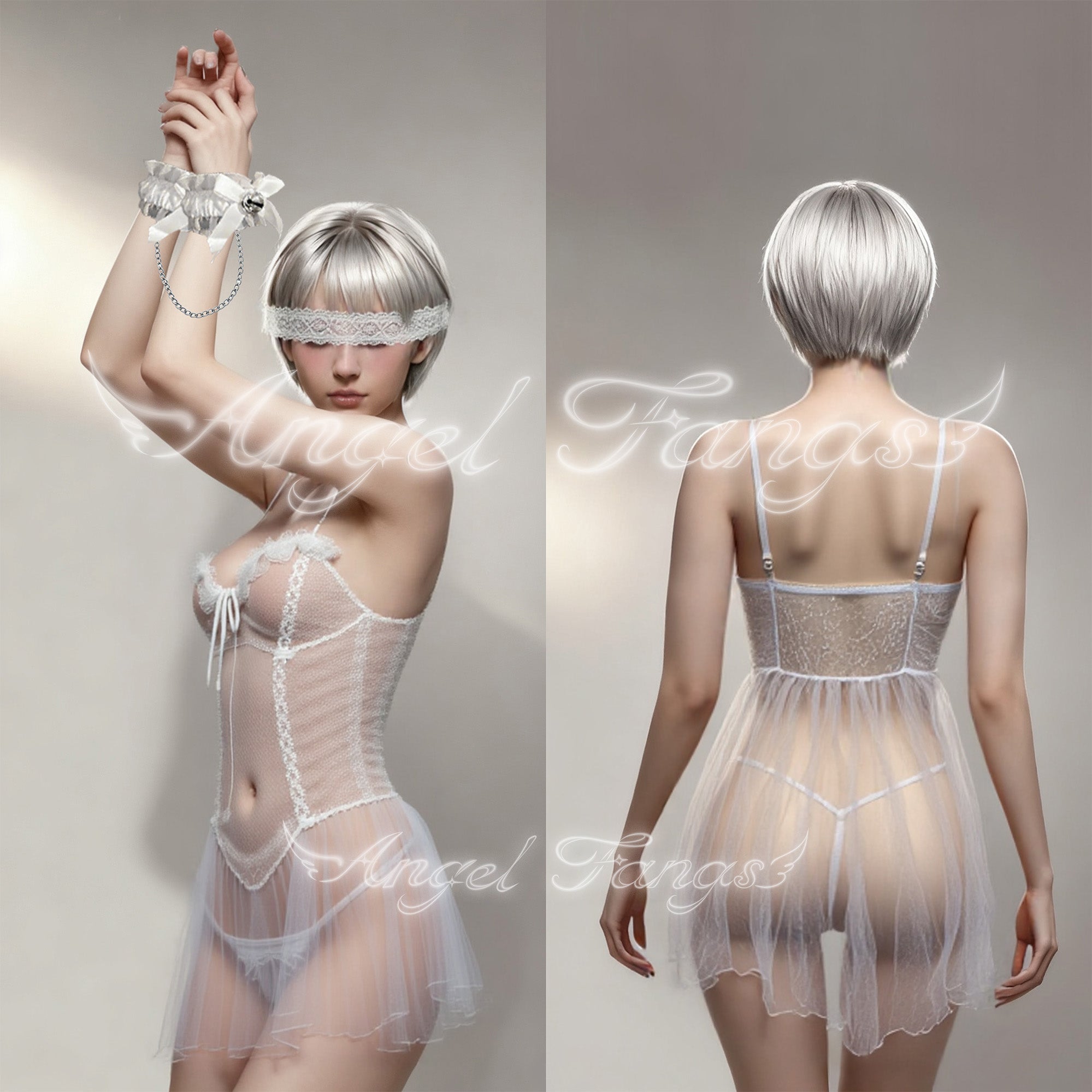 Innocent Temptation Sheer Dress Set – Black & White Sheer Lace Slip Nightie with Straps, Bell Cuffs & Lace Eye Mask