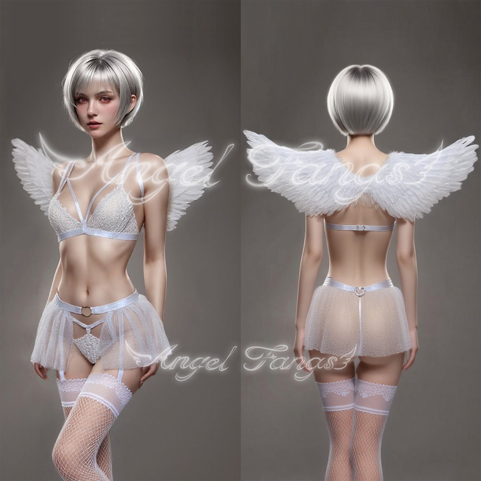 White Angel Desire Sexy Underwear Set – White Lace Set with Rhinestone Skirt, Gartered Stockings & Wings
