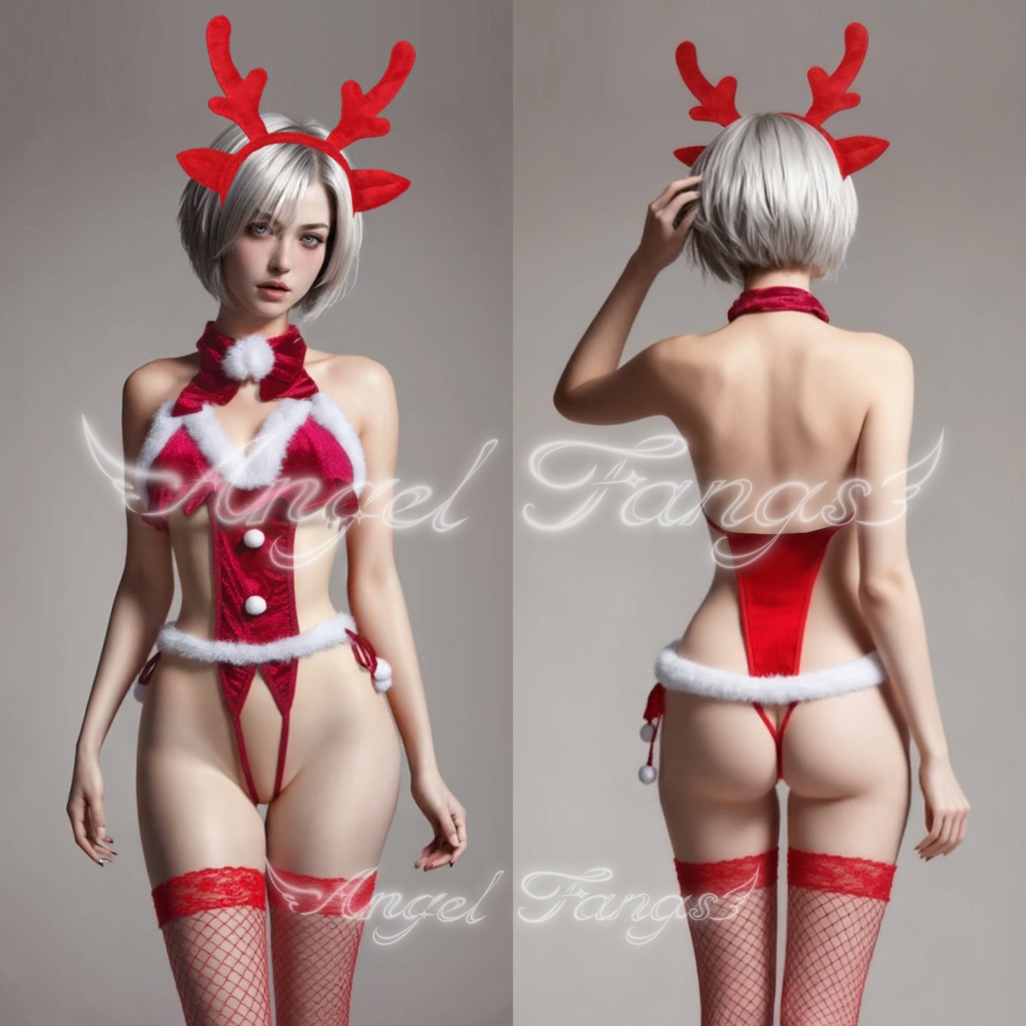 Christmas Santa Babe bikini – Red Furry One-Piece with White Trim, Lace Stockings & Reindeer Ears