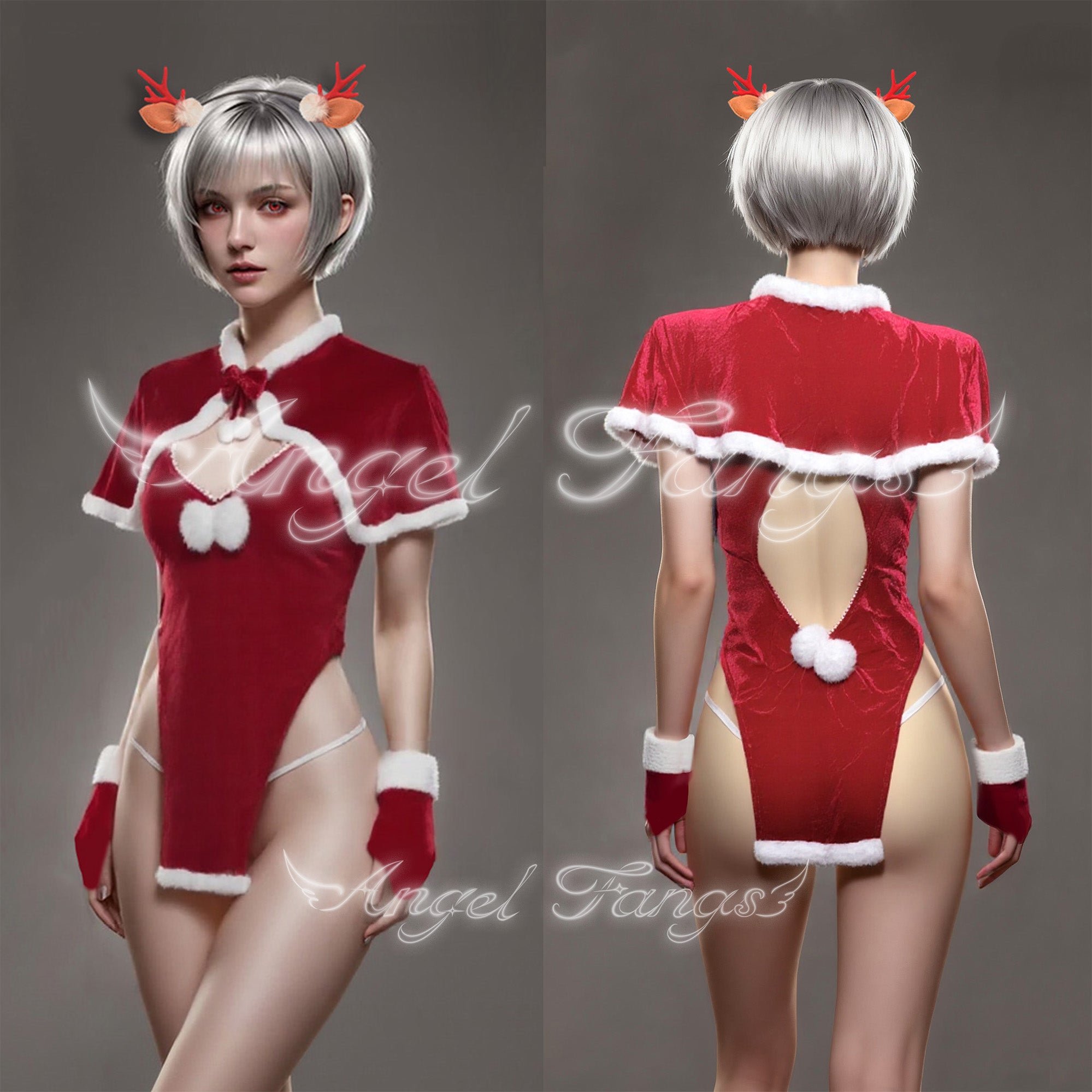 Christmas Festive Reindeer Desire Set – Red Christmas Set with Cape, White Furry Trim & Antler Headband