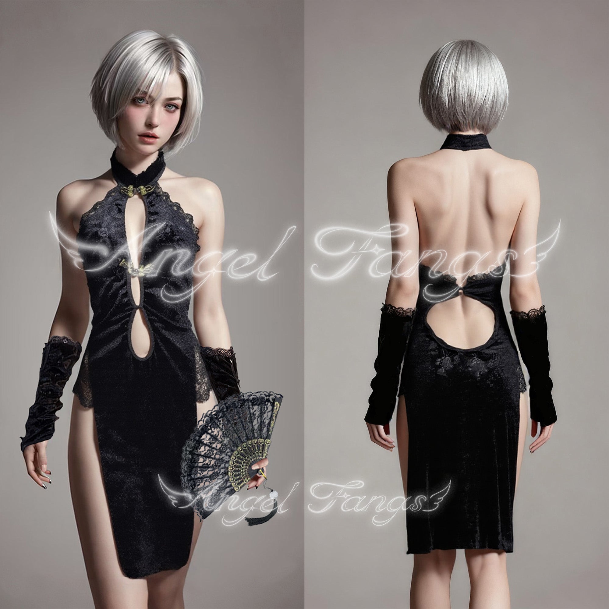 Chinese style Qipao High-Cut Dress High-Cut with Gloves & Black lace fan with gold trim
