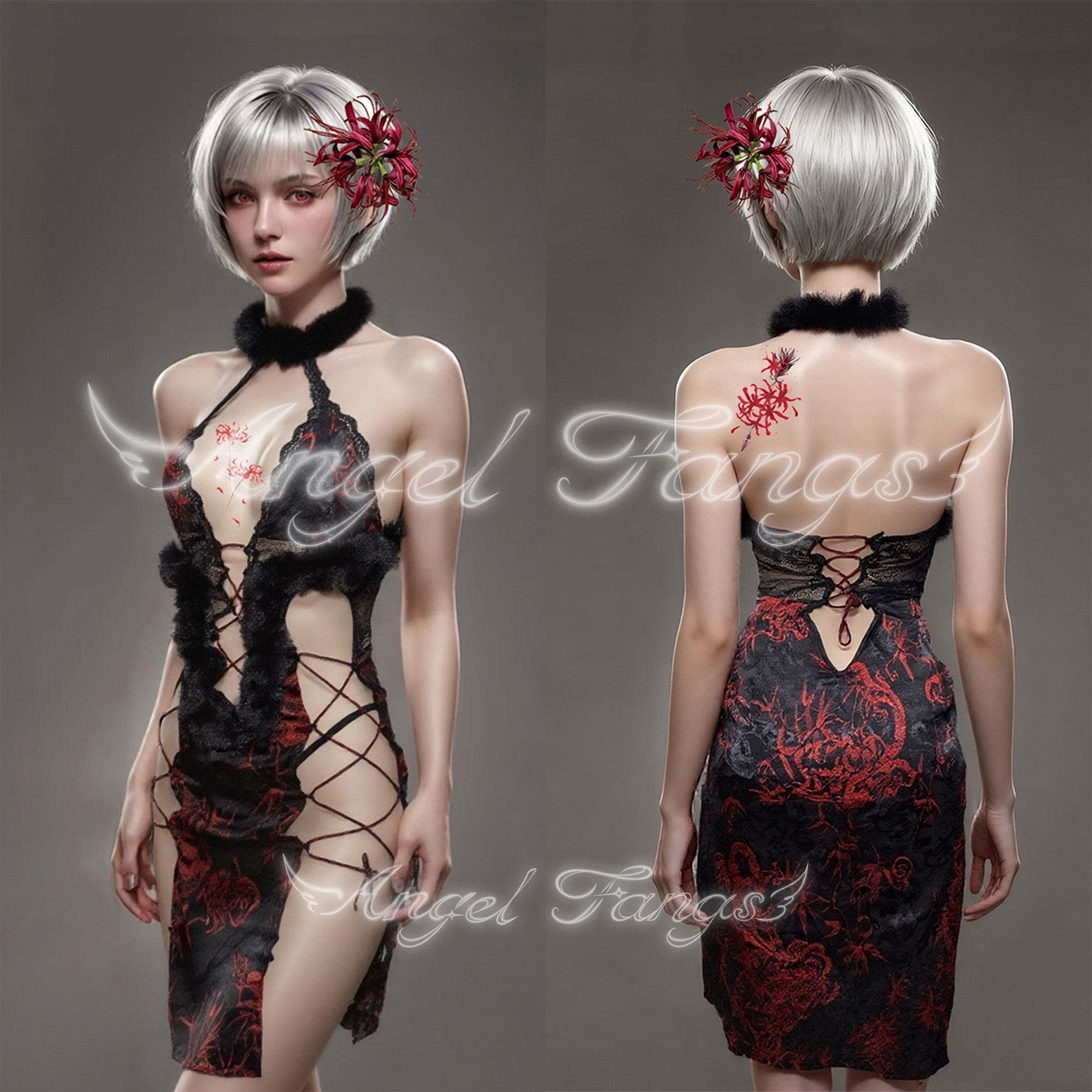 Oriental Dragon Lotus Enchantress – Halter Slit Dress with Fur Trim, Red Spider Lily Clip & Bonus Tattoo Sticker