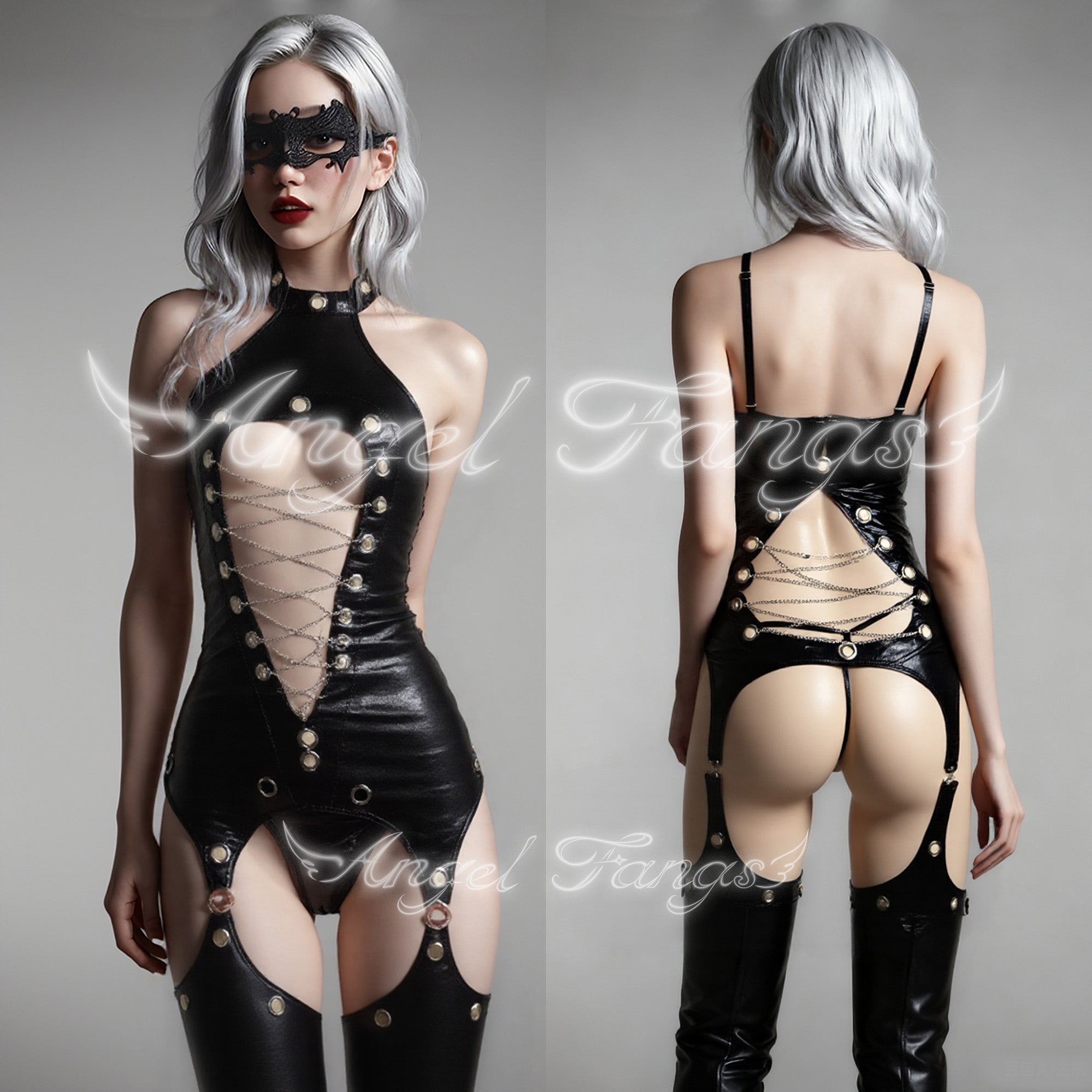 Dominant Queen Leather Seductress Set – Black Leather Halter Bodysuit with Chains, Thigh-Highs & Bat Lace Eye