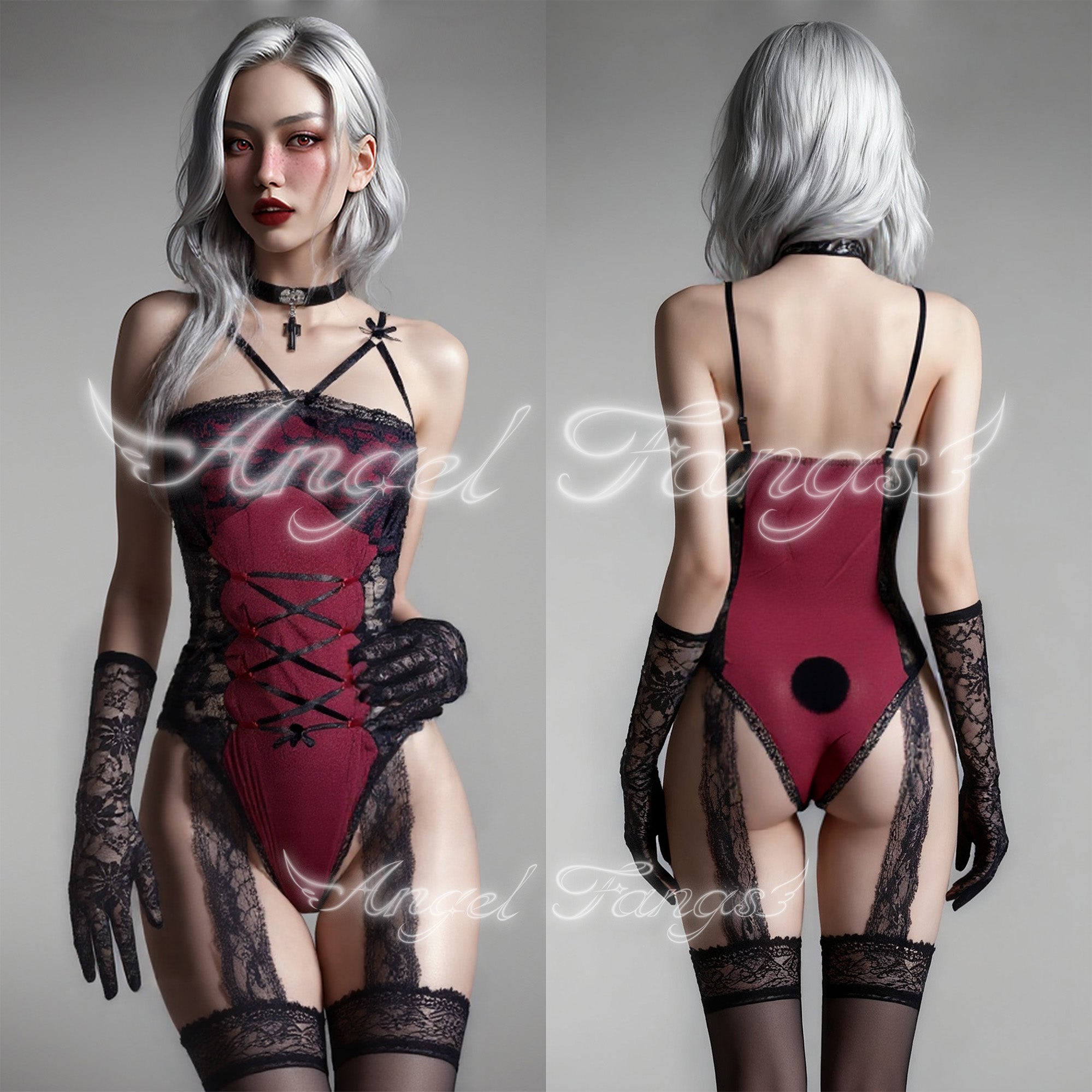Crimson Bunny Lace-Up Devil Set – Cross Tie Front, Plush Black Tail, Cross Choker, Mesh Gloves & Lace Gartered Thigh-Highs