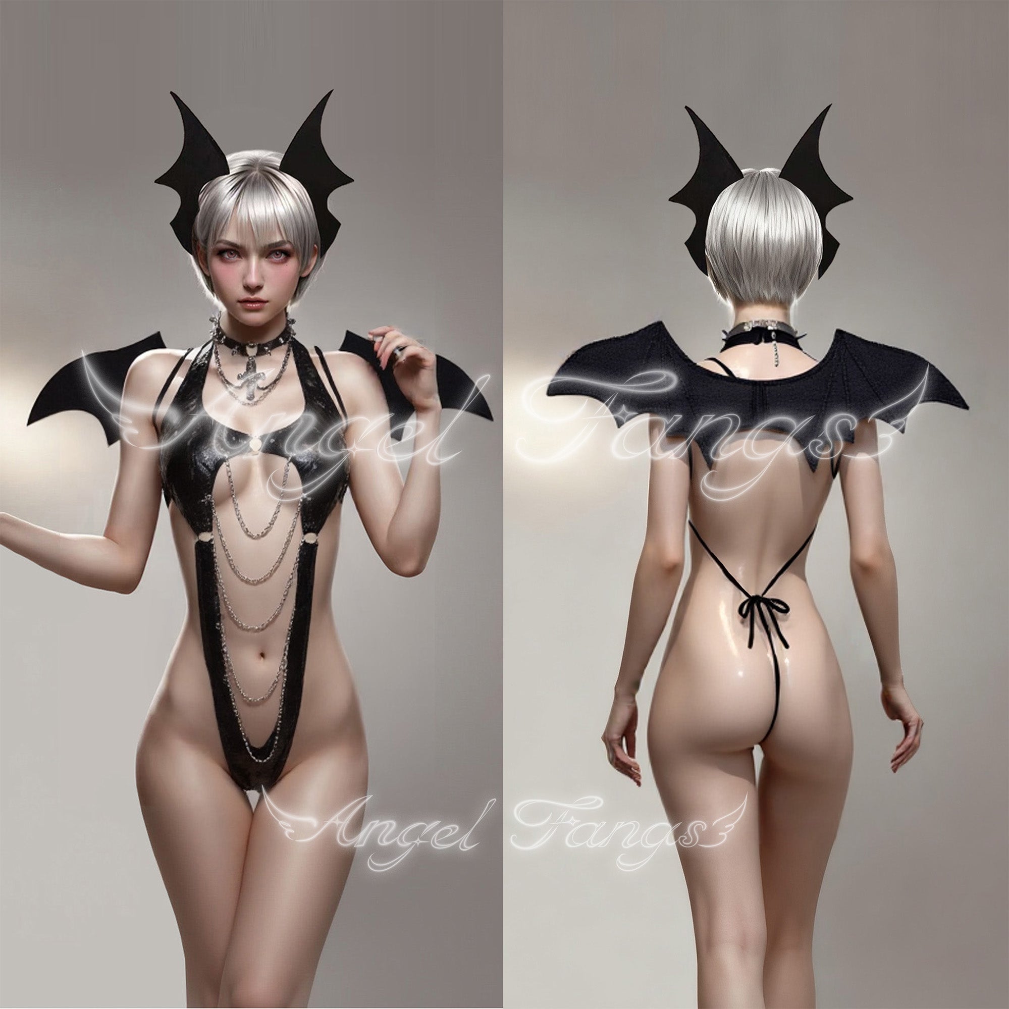 Dark Temptation Succubus Cute Demon Set – High-Cut Leather One-Piece with Chains, Succubus Ears, Rose Cross Choker & Bat Wings