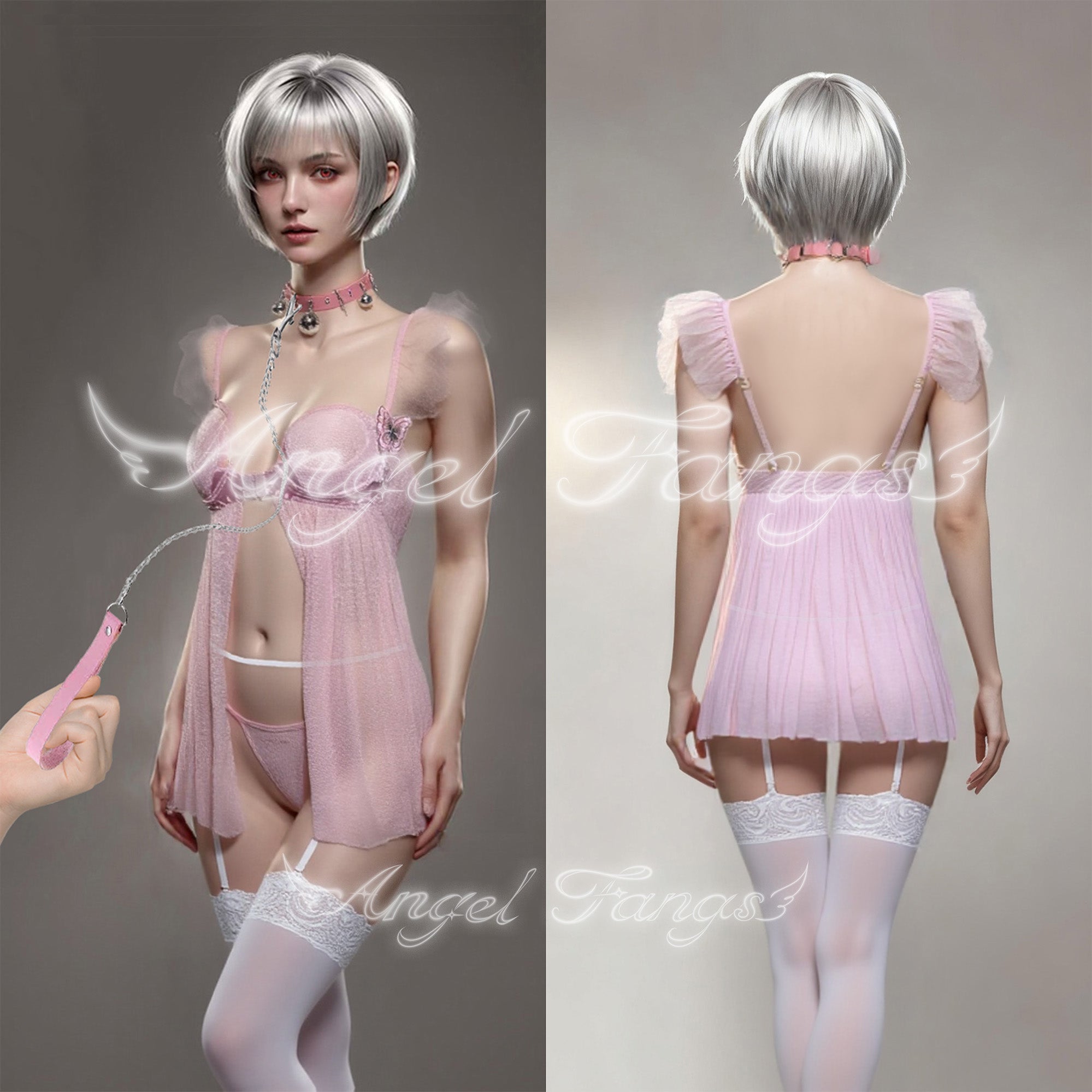 Pink Butterfly veil Play Set– Sheer Puff Sleeve Skirt with Butterfly Accent, Choker Leash, Choker Leash, White Stockings& Thong