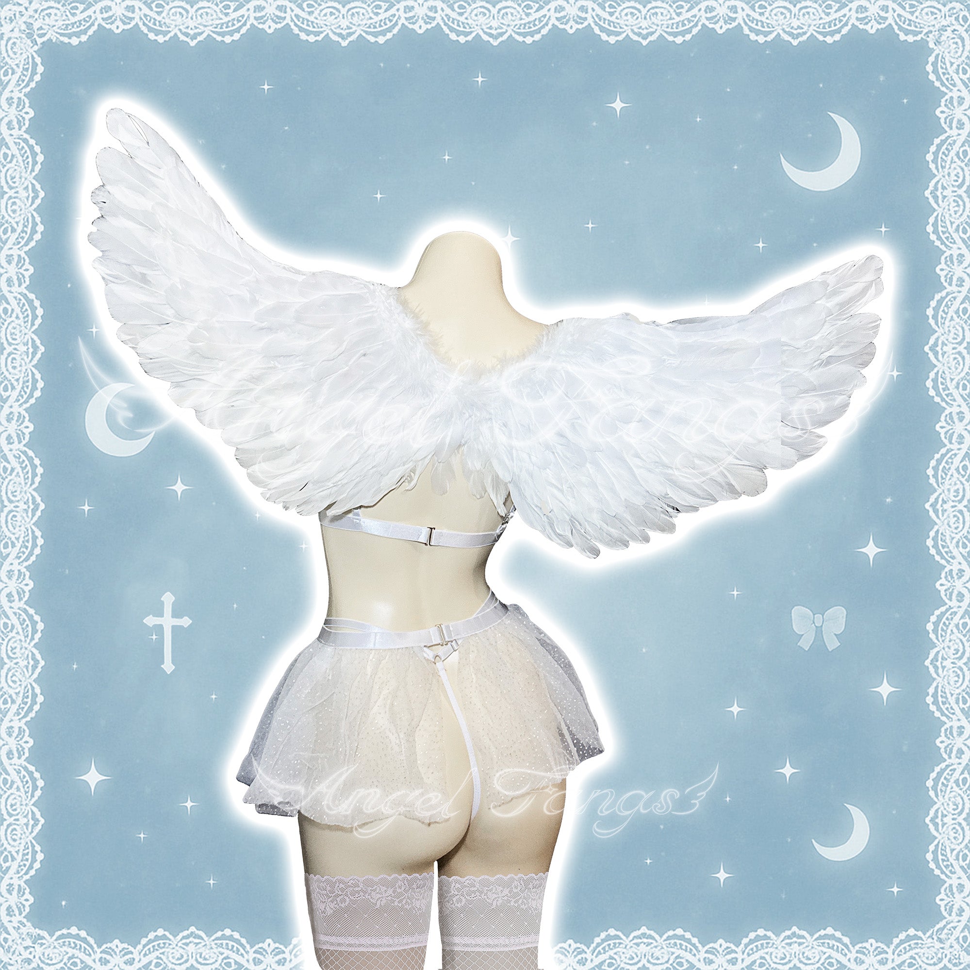 White Angel Desire Sexy Underwear Set – White Lace Set with Rhinestone Skirt, Gartered Stockings & Wings