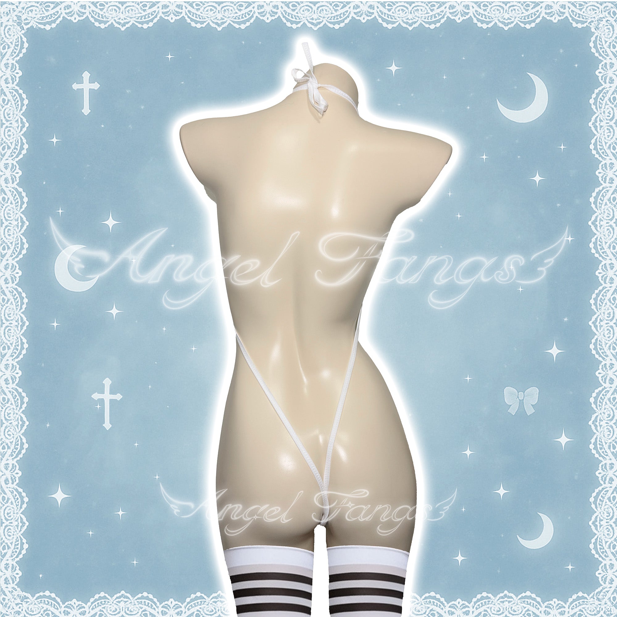 Cute Sukumizu Blue Three-Piece Bikini with Anime Bunny Prints, Blue Bow & White Over-The-Knee Black-Striped Socks