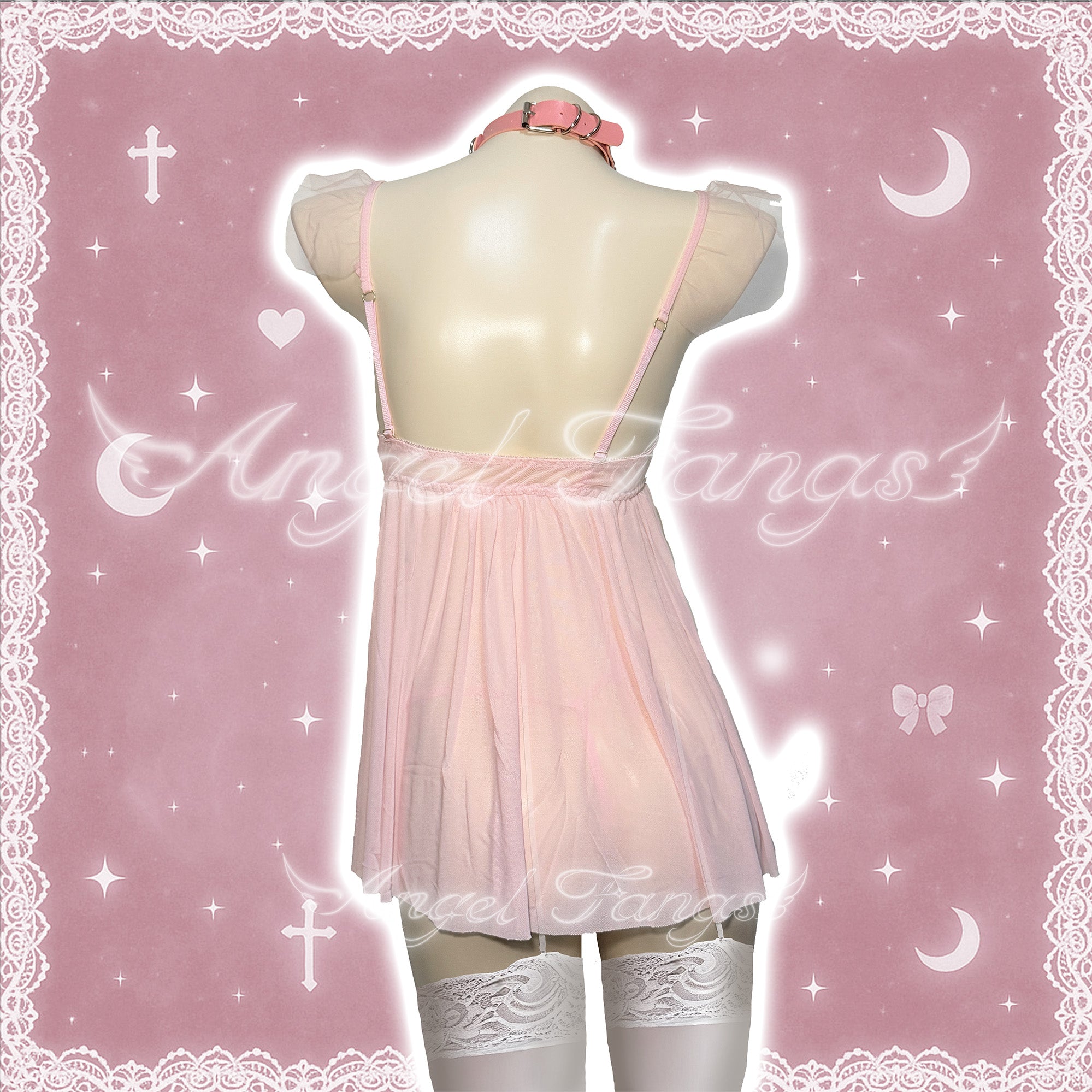 Pink Butterfly veil Play Set– Sheer Puff Sleeve Skirt with Butterfly Accent, Choker Leash, Choker Leash, White Stockings& Thong