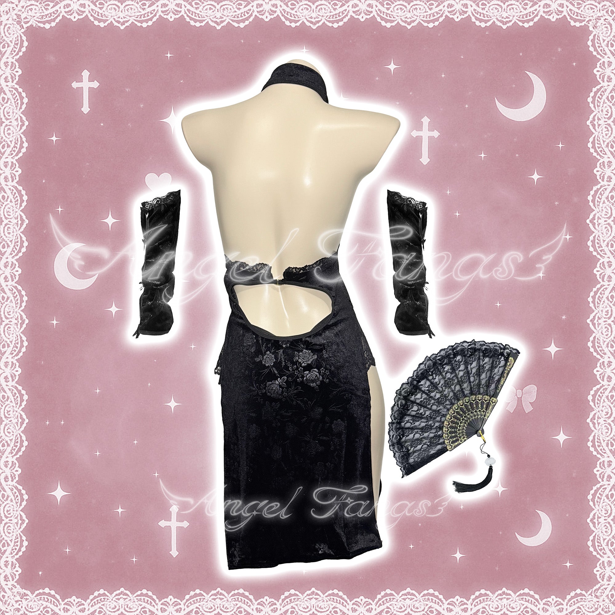 Chinese style Qipao High-Cut Dress High-Cut with Gloves & Black lace fan with gold trim