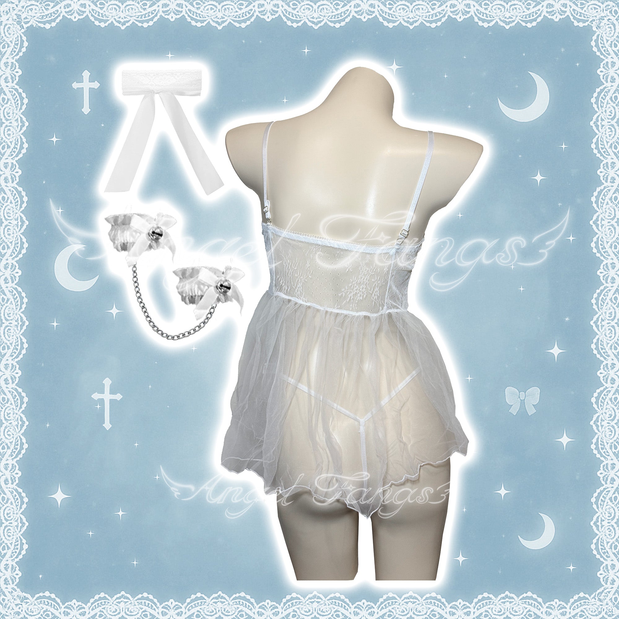 Innocent Temptation Sheer Dress Set – Black & White Sheer Lace Slip Nightie with Straps, Bell Cuffs & Lace Eye Mask