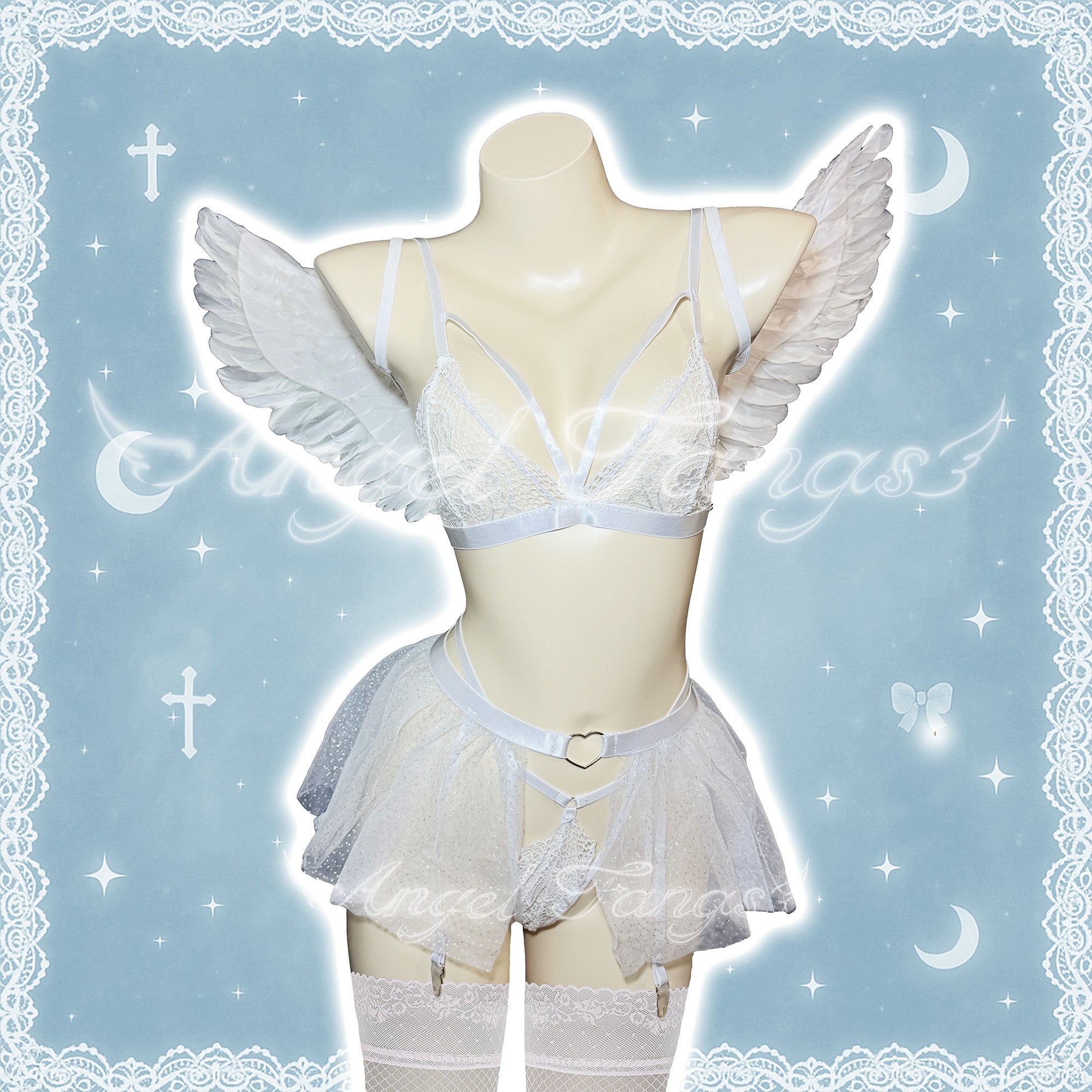 White Angel Desire Sexy Underwear Set – White Lace Set with Rhinestone Skirt, Gartered Stockings & Wings