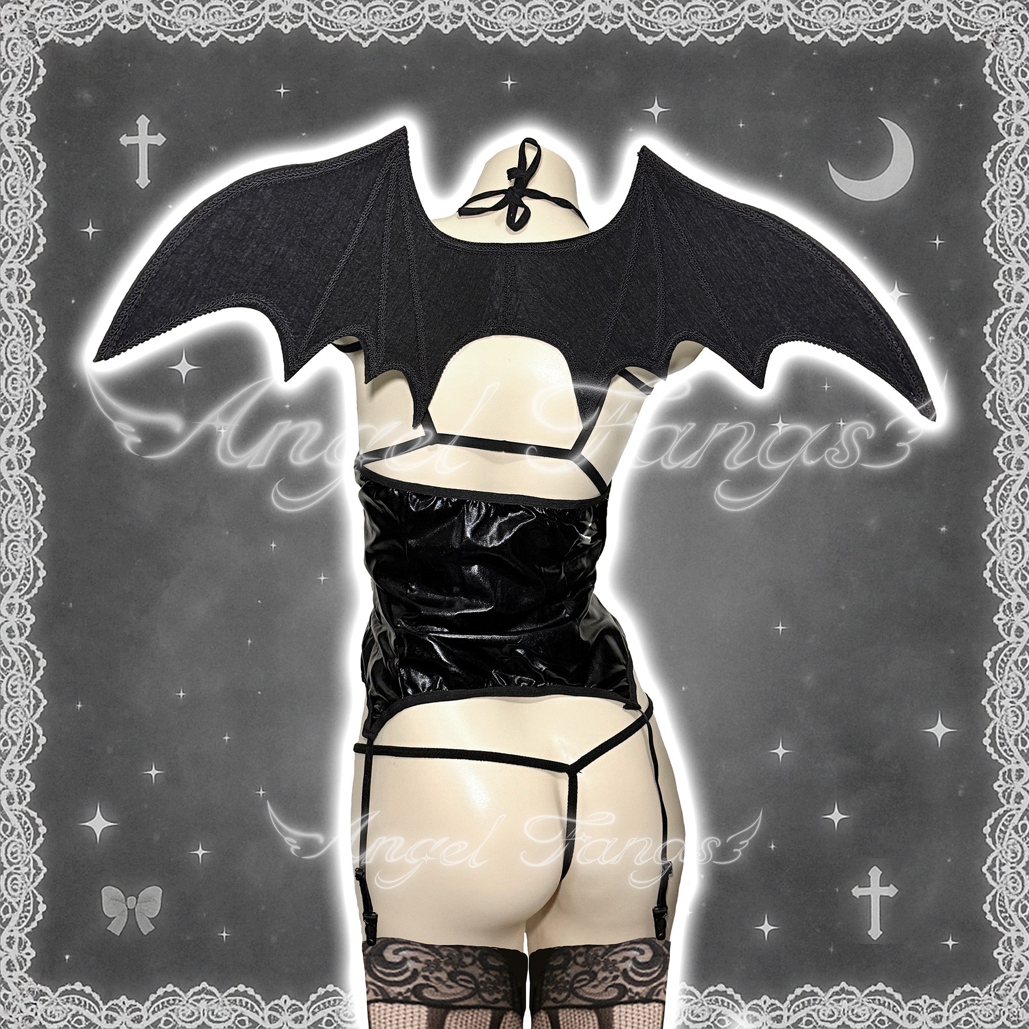 Demonic Dark Succubus Pentagram Desire Set– Leather Zipper Top with Pentagram Chest Strap, Garter Thong & Demon Wings