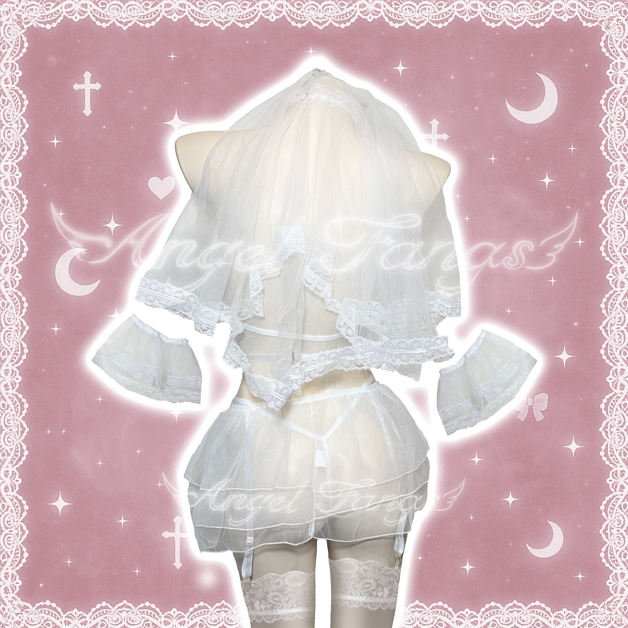Pure Bride Wedding Lingerie Set– Sheer Lace Lingerie with Cutout, Veil, Lace Arm Bands & Bow Stockings