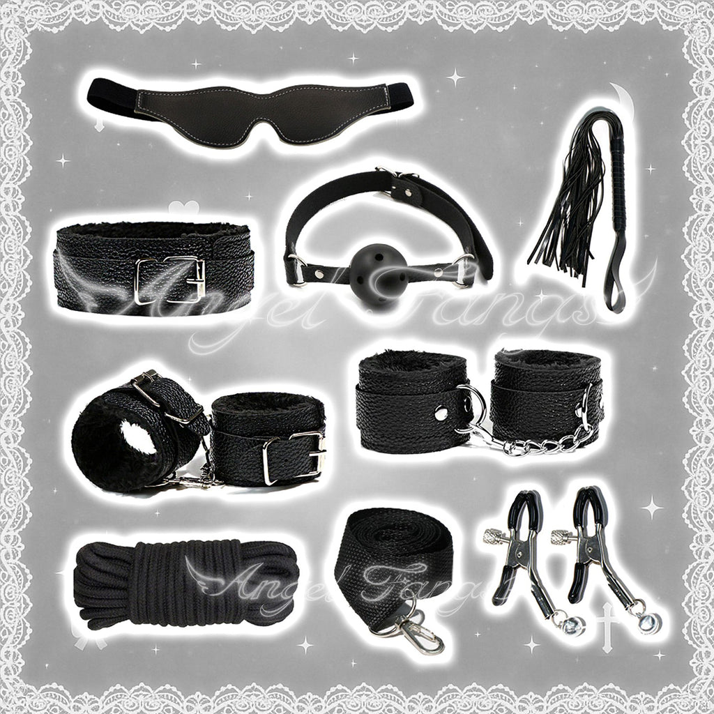 Velvet & Leather BDSM Bondage Kit 10-Piece set Blindfold-Whip-Choker-Handcuffs-Ankle cuffs-Bondage rope-Ball gag-Connector clips