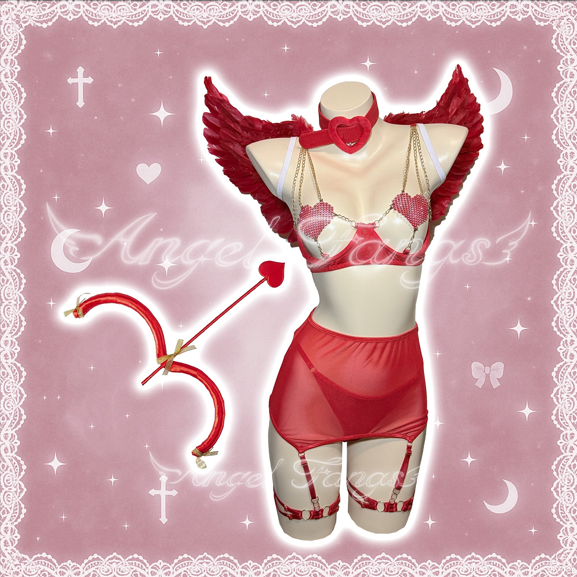 Valentine Sexy Cupid’s Arrow Set – Red Crystal Heart Bra with Gold Chains, Sheer Skirt, Choker, Wings & Bow