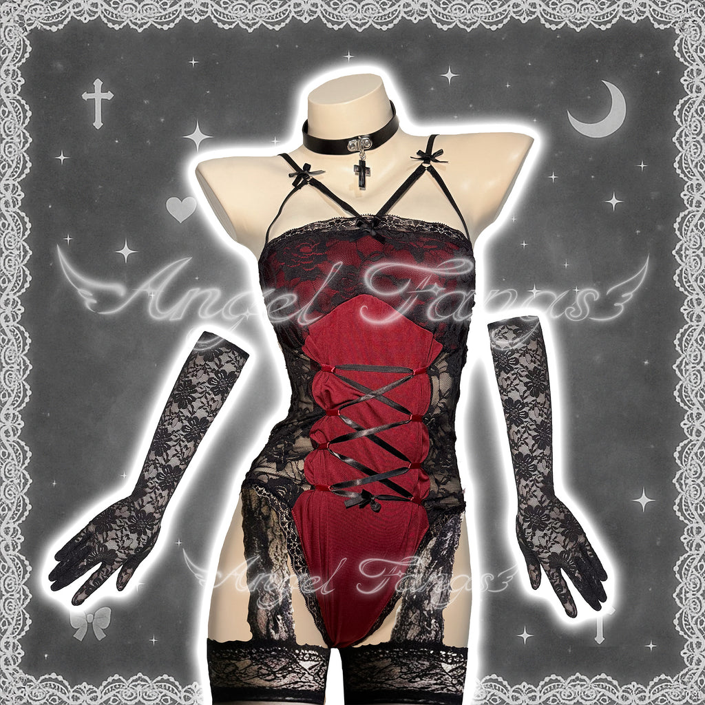 Crimson Bunny Lace-Up Devil Set – Cross Tie Front, Plush Black Tail, Cross Choker, Mesh Gloves & Lace Gartered Thigh-Highs