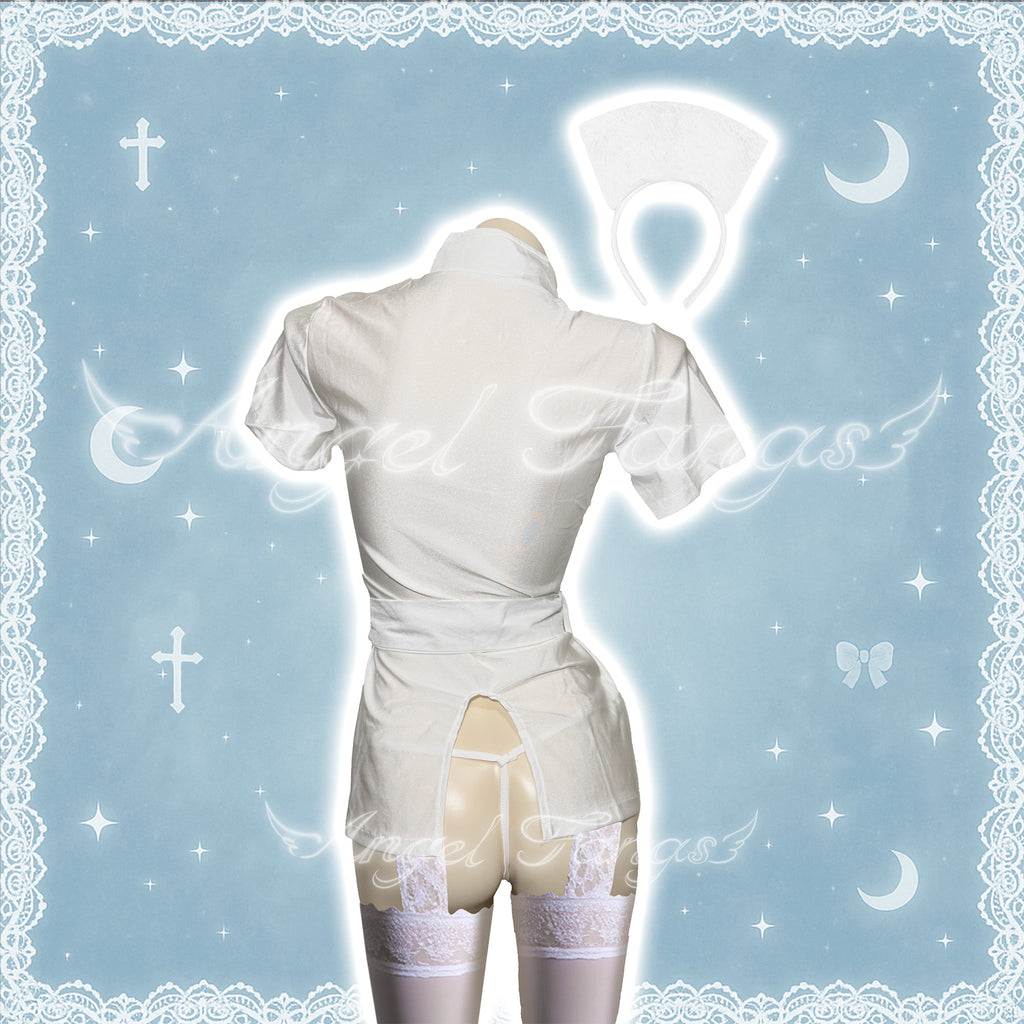 Seductive Nurse Set – White High-Neck Cutout Dress with Cross, Thong, Stockings & Stethoscope