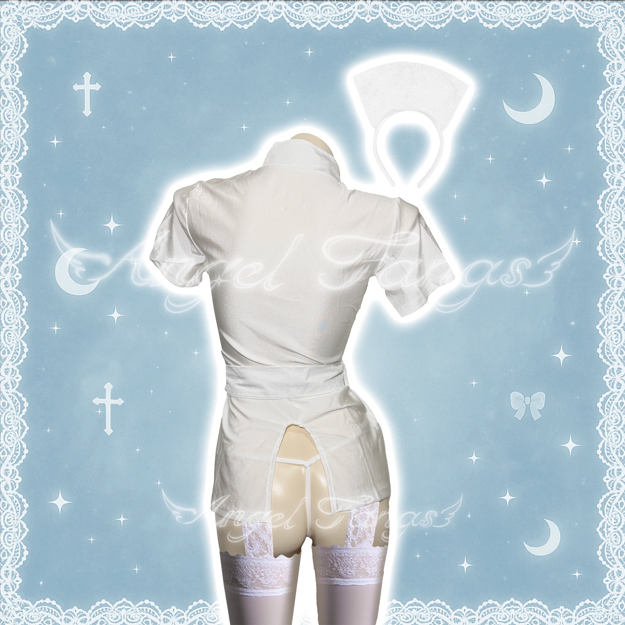 Seductive Nurse Set – White High-Neck Cutout Dress with Cross, Thong, Stockings & Stethoscope