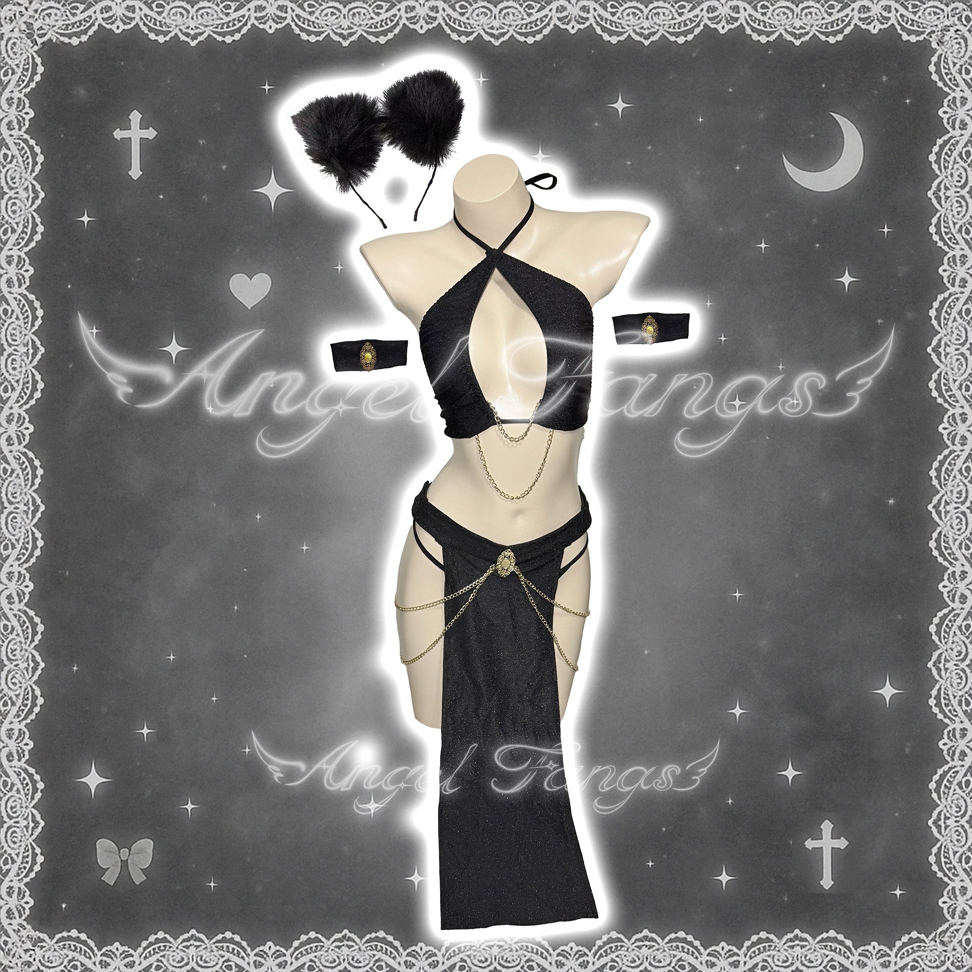 Mystic Feline Cat Queen Set– Cutout Halter Slit Dress with Arm Bands, Cat Tail, Black Ears & Golden Accents