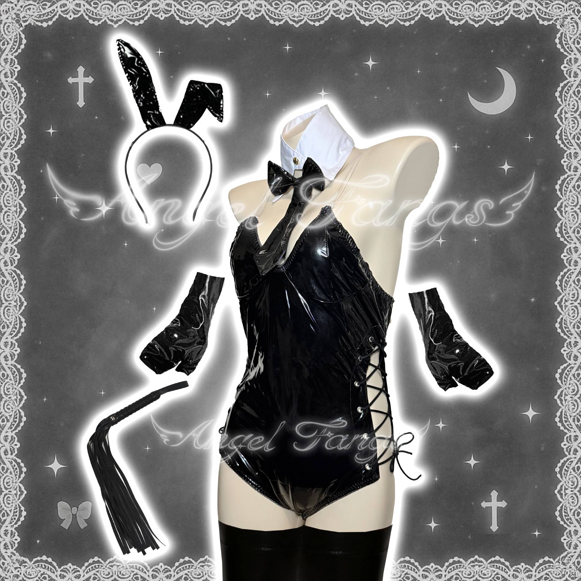 Leather Bunny Seductress – Black High-Cut Lace-Up Bodysuit with Collar, Gloves, Thigh-Highs & Whip