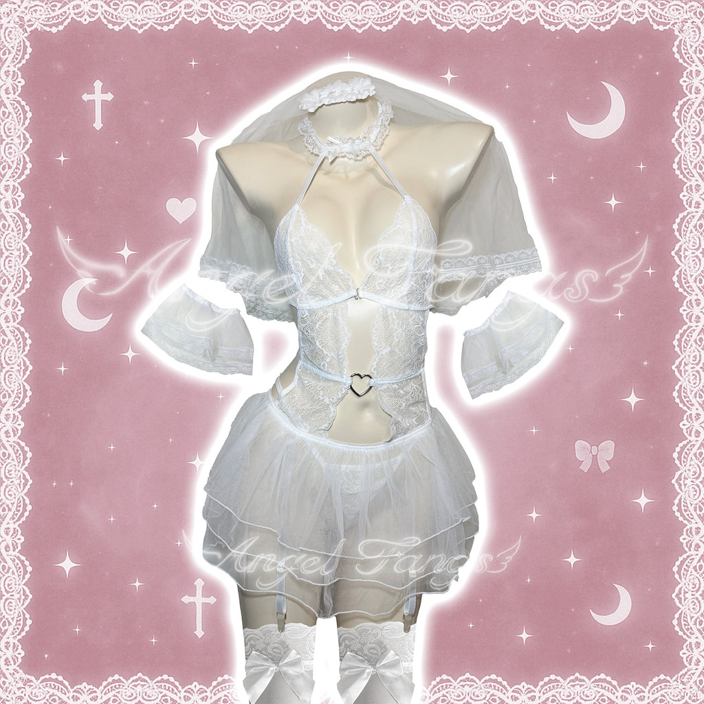Pure Bride Wedding Lingerie Set– Sheer Lace Lingerie with Cutout, Veil, Lace Arm Bands & Bow Stockings