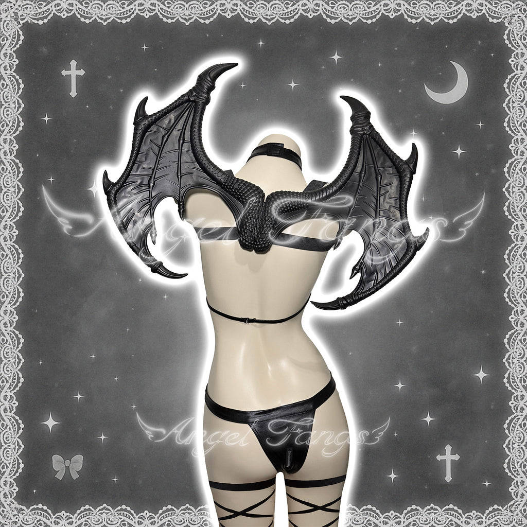 Midnight Black And Red Sexy Demon set – Gothic Choker Bodysuit with Wings, Black Devil Horn Hairband & Lace-up Leg Bands