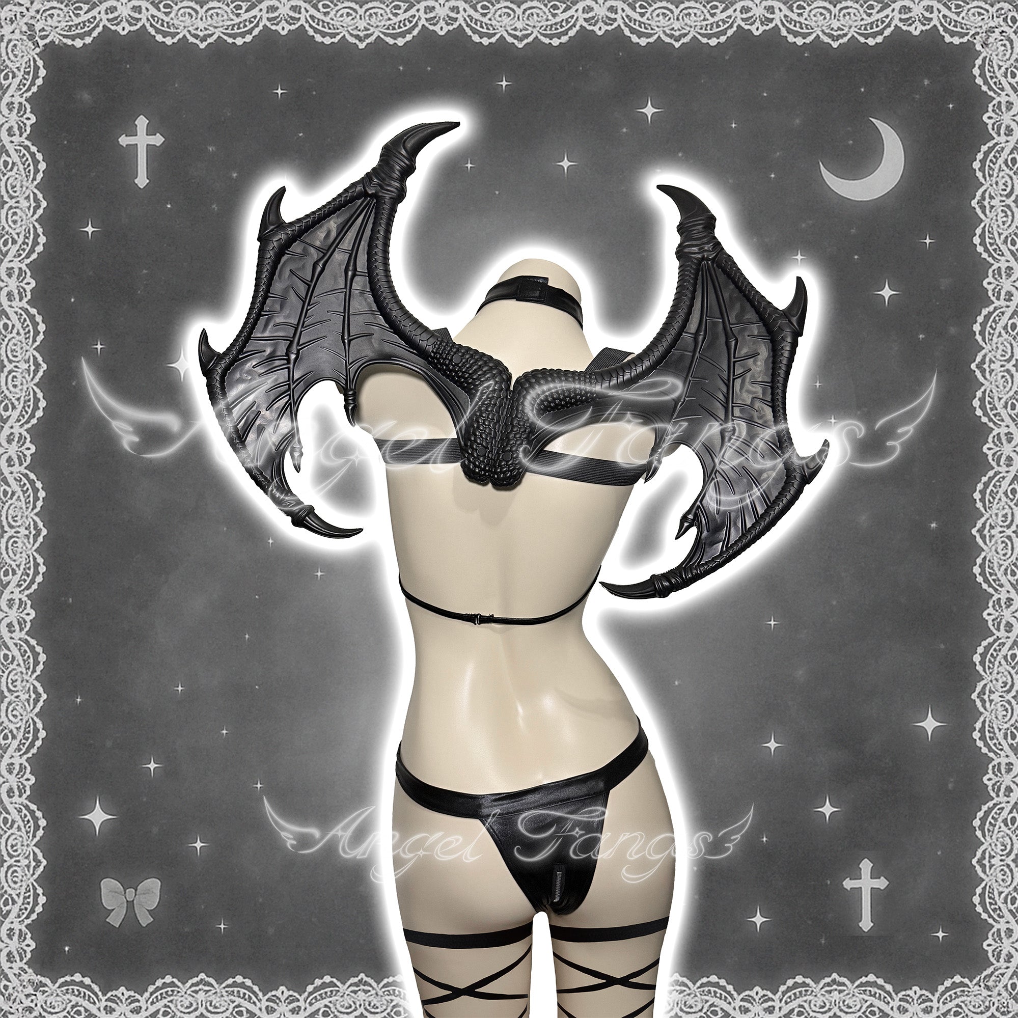 Midnight Black And Red Sexy Demon set – Gothic Choker Bodysuit with Wings, Black Devil Horn Hairband & Lace-up Leg Bands